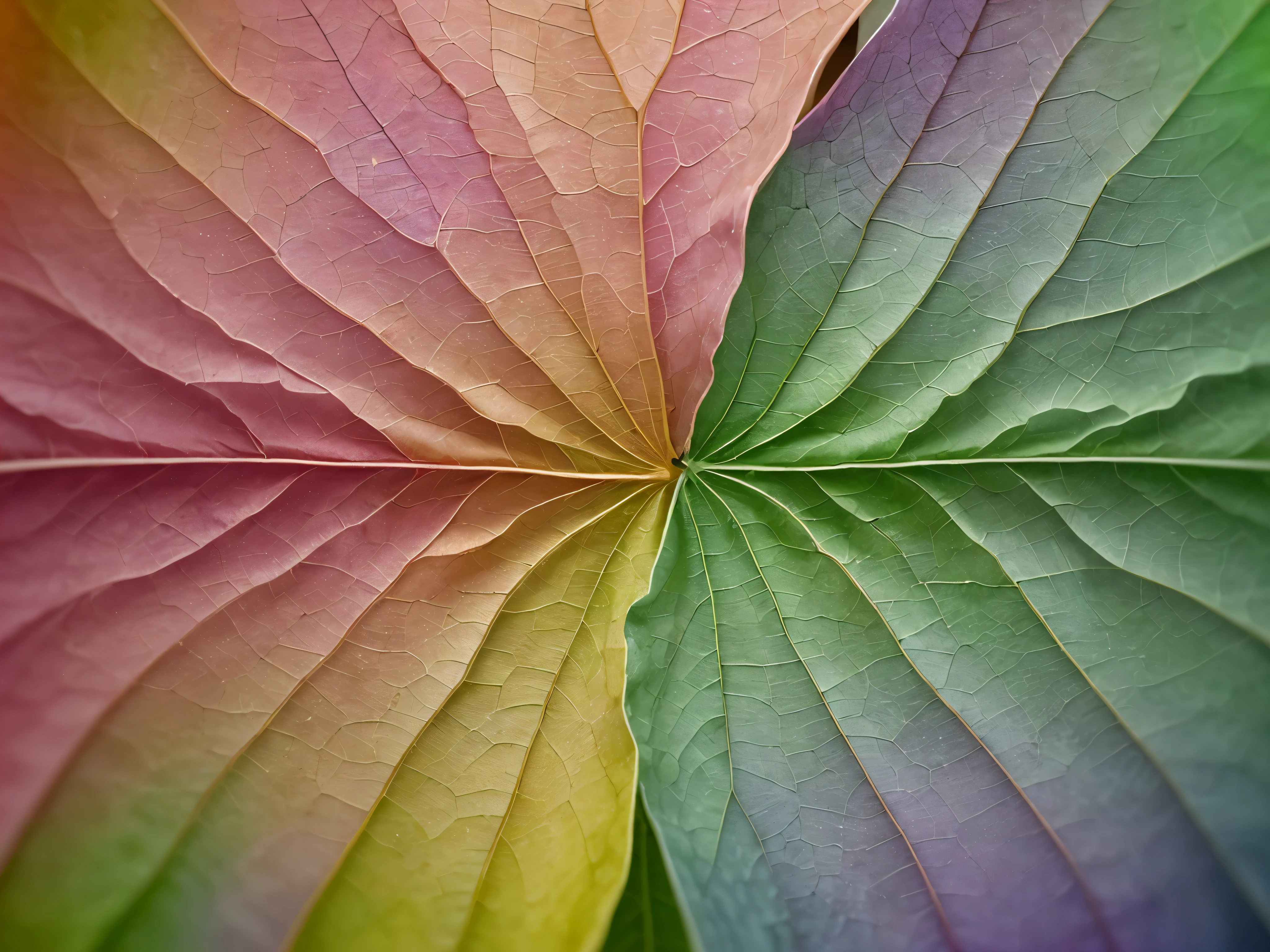 With shimmering hues of pastel pinks and greens, delicately symmetrical veins run through each cute and beautiful leaf. One leaf stands out, showcasing a mesmerizing rainbow of colors in perfect bilateral symmetry. This stunning image, likely a photograph, captures the essence of natural beauty at its finest. The flawless detail and vibrant colors leap off the page, creating a truly enchanting and high-quality visual experience.