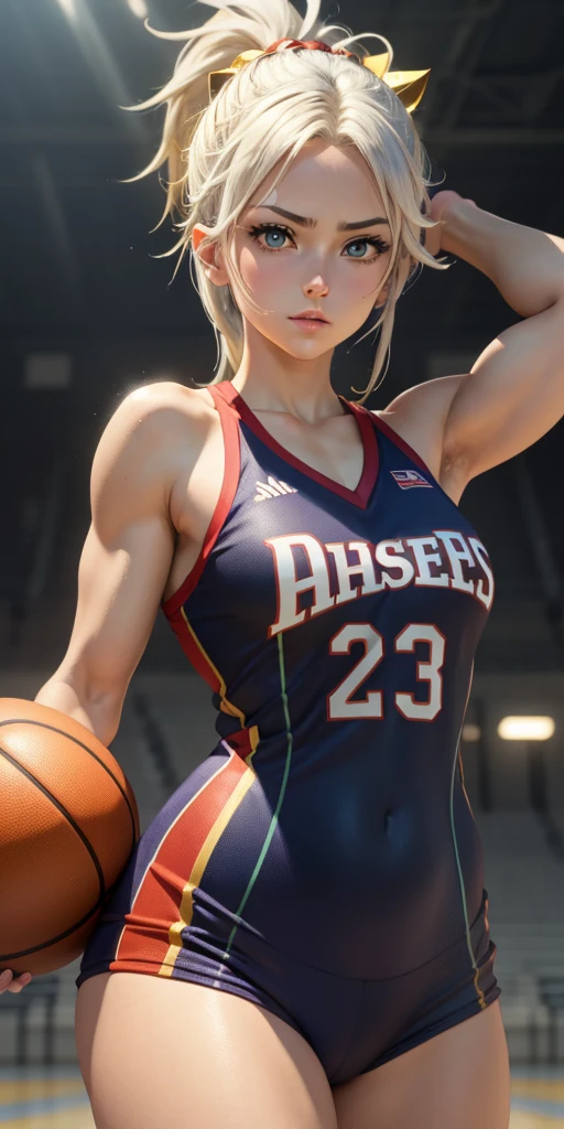 Masterpiece, anime CG, girl, white spiked hair, wheat-colored skin, muscles, sports girl, wearing basketball uniform, smooth texture, silk texture , golden pupils, perfect eyes  