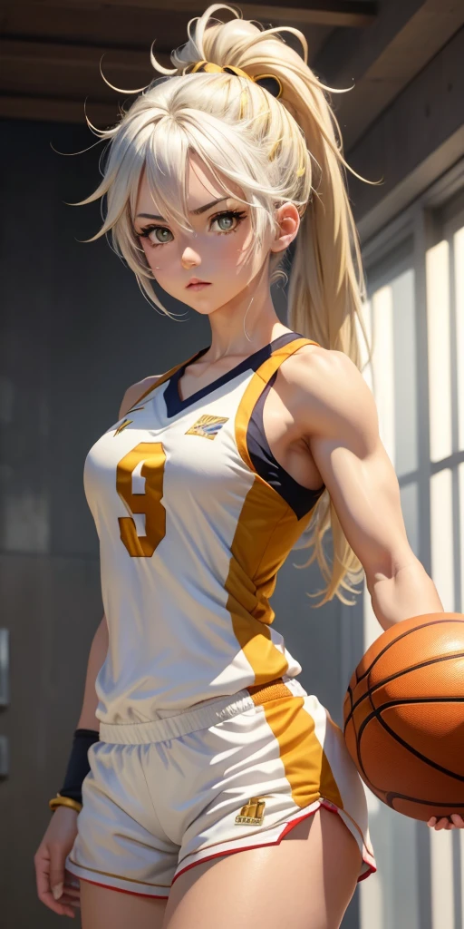 Masterpiece, anime CG, girl, white spiked hair, wheat-colored skin, muscles, sports girl, wearing basketball uniform, smooth texture, silk texture , golden pupils, perfect eyes  