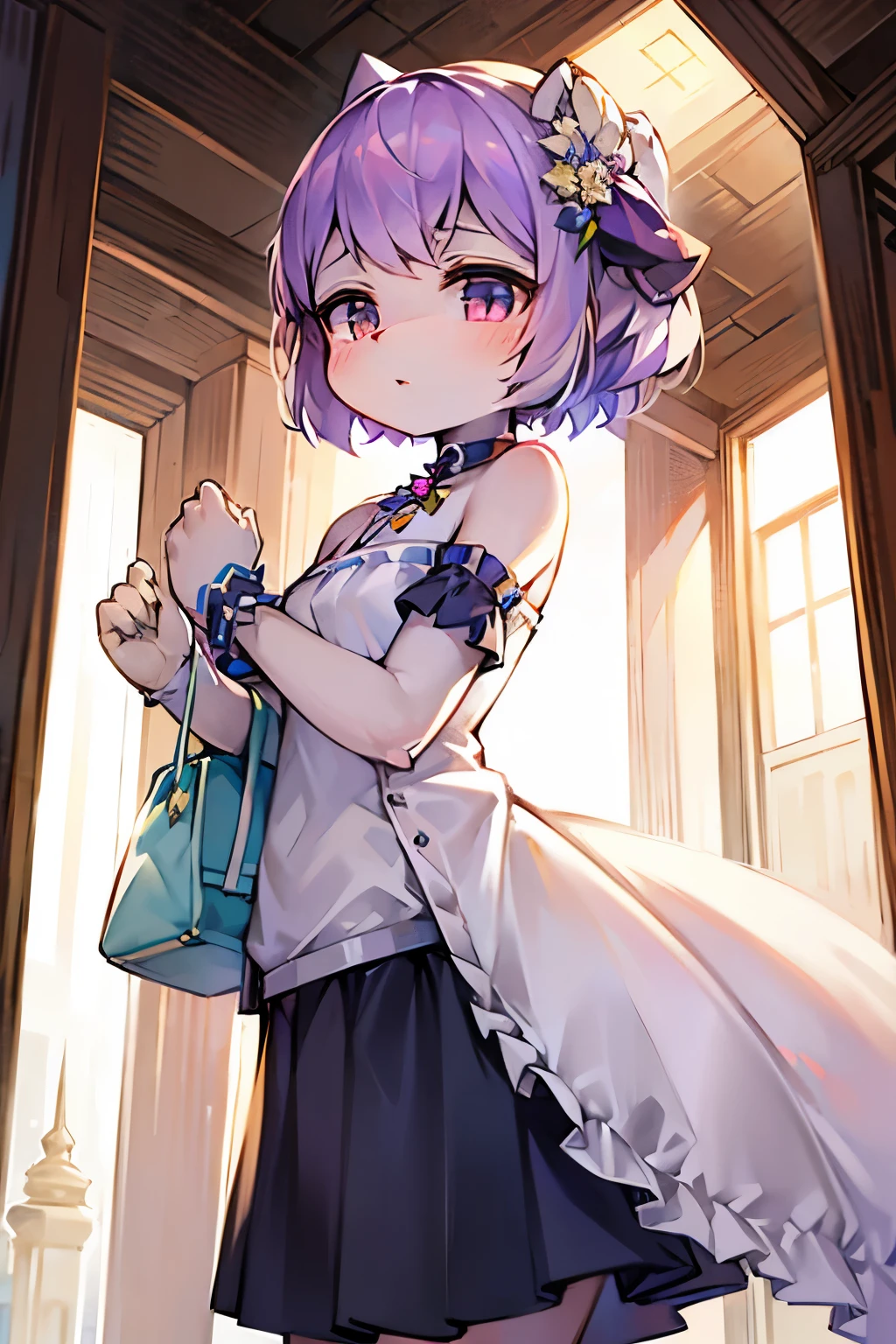 (masterpiece:1.2), (pale skin:1.2), (8k:1.2), (solo:1.2), (female:1.4), (dynamic angle), pink hair, blue eyes, white dress, (skirt:1.2), closed mouth, (bare shoulders:1.3)