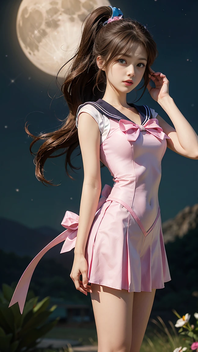 A beautiful young woman，Has long brown hair，Wearing a ponytail, Green Eyes, Height 170cm, Sailor Moon Under the Moon, Sailor Jupiter, 가슴 쪽 Pink Ribbon, Pink Ribbon, All ribbons are pink, You can see the scenery from a high place, Height 172, you have a beautiful figure., I also like to exercise, 