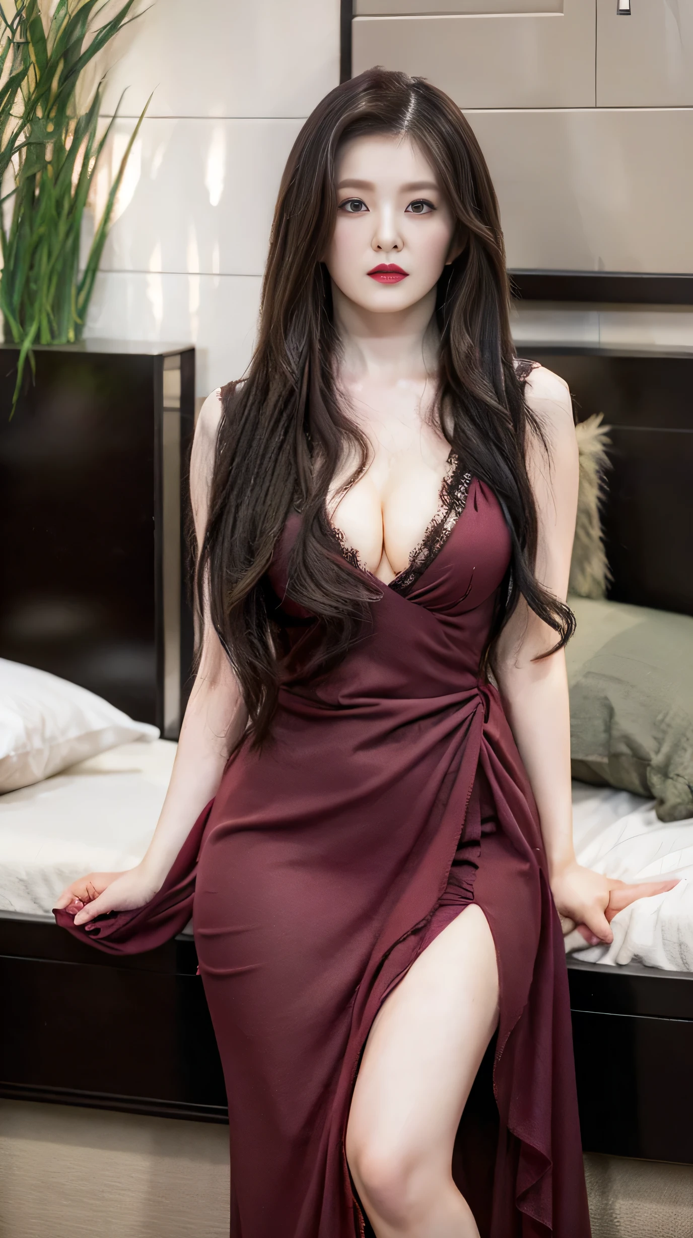 Beautiful Asian girl with big breasts wearing a red nightgown, 4k, on the bedroom