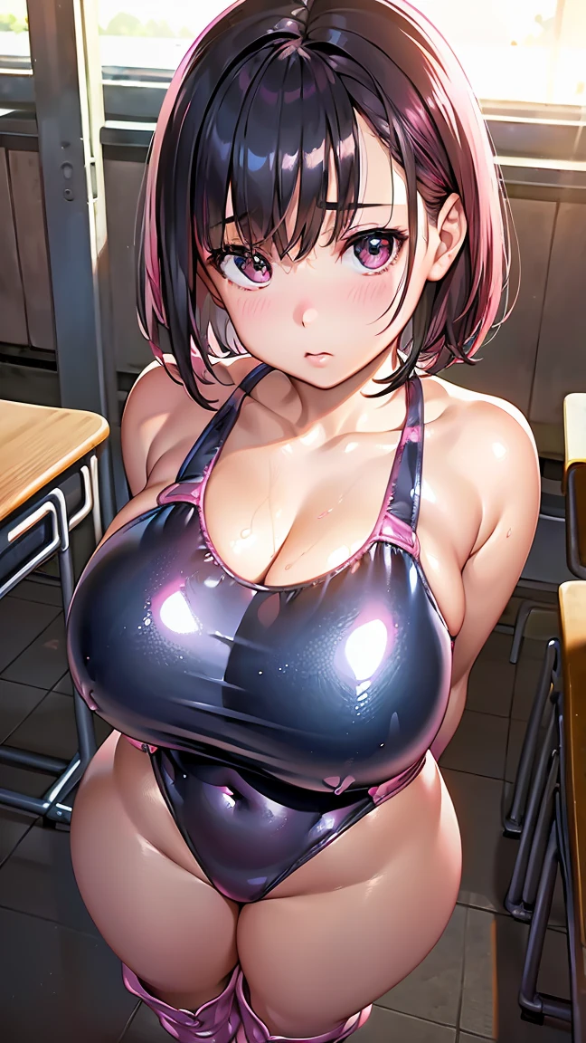 extremely detailed CG, super detailed skin, perfect anatomy, dynamic lighting, beautiful detailed eyes, (Photorealistic:1.4), Japanese Girls, (1 Girl), (young girl :1.6),  Black Hair, Short Hair, blue eyes,  Beautiful Eyes, Wide double eyelids, Embarrassing, (Huge breasts:1.3), (Curvy:1.4), (Glossy metallic pink one-piece swimsuit:1.5), (pink kneehigh boots:1.5)、(sunny:1.2), Are standing、arms behind back、 (classroom:1.5)、From above、(children:1.8)