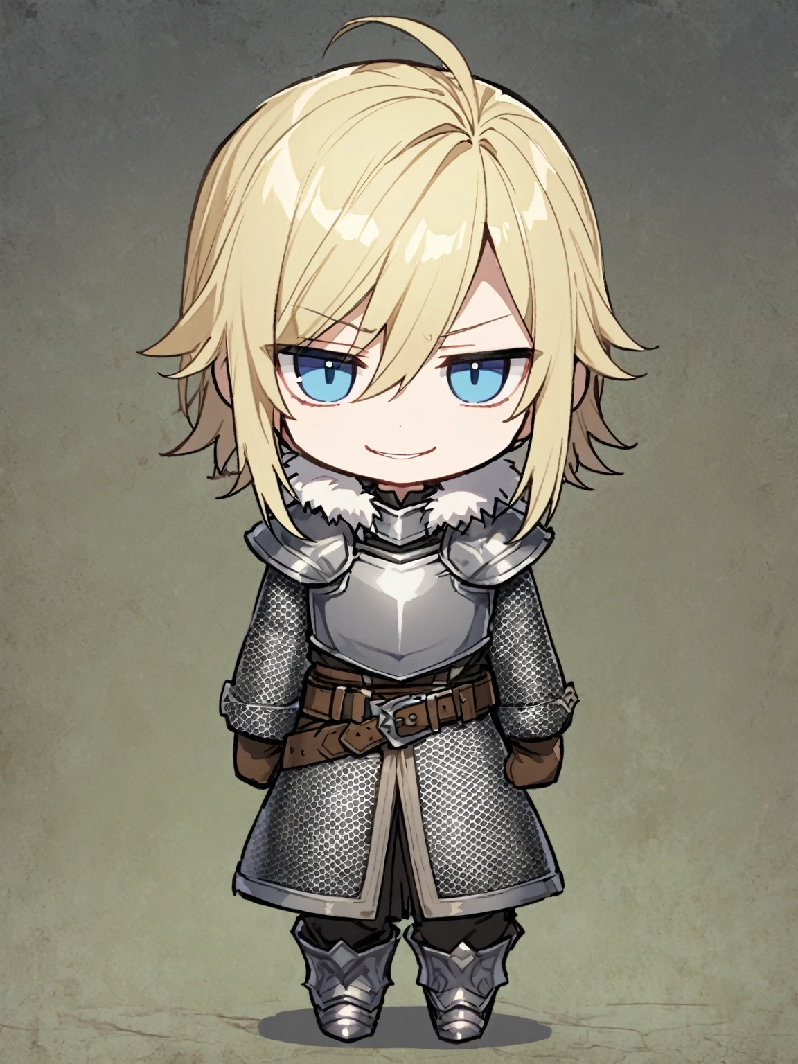 {{{kame (kamepan44231), full body, no humans, chibi, jitome, fumo (doll)}}}, straight-on, looking at viewer, medieval fantasy, solo, 1boy, solo, facing viewer, male, blond hair, hair between eyes, blue eyes, medium hair, swept bangs, grey armor, leather gloves, evil smile, full armor, grey breastplate, grey armor, green shirt, sanpaku, long sleeves, belt, fur trim, long sidelocks, nape hair, hand on own waist, chainmail, toned male.