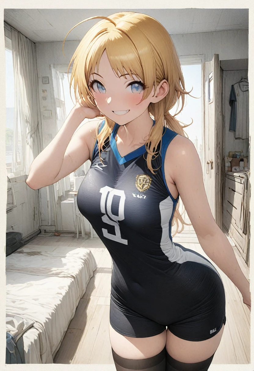 NSFW,(pale illustration,anime illustrations:1.2),(masterpiece, highest quality, so beautiful, Super detailed),textured skin, high details,8k,gleaming skin,pale outline
(hachimiya meguru, idolmaster:1.2),gold hair,
1 girl,(black Thighhighs:1.3),middle breasts,shorty,happy smile,
volleyball uniform,standing,
from front,white and clean bedroom