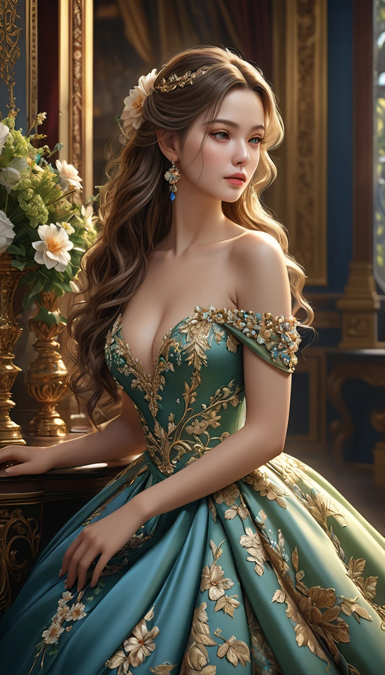 (highest quality, High resolution, masterpiece:1.2), Super detailed, (Realistic, Realistic, Photorealistic:1.37), Portraiture, Creative style artwork, historic, Classic, Sophisticated, Variety of colors, Very detailed, Luxurious surroundings, Detailed gown, Bright flowers, Elaborate jewelry, Mysterious atmosphere, Graceful pose, Graceful curves, Gold Body Proportion, Flowing hair, Breathtaking textile patterns, blue, green, Delicate floral decoration, A stunning array of crystal accessories, Mysterious and dreamy atmosphere, Perfect attention to detail., Soft lighting, 8k, textured skin, high details, masterpiece