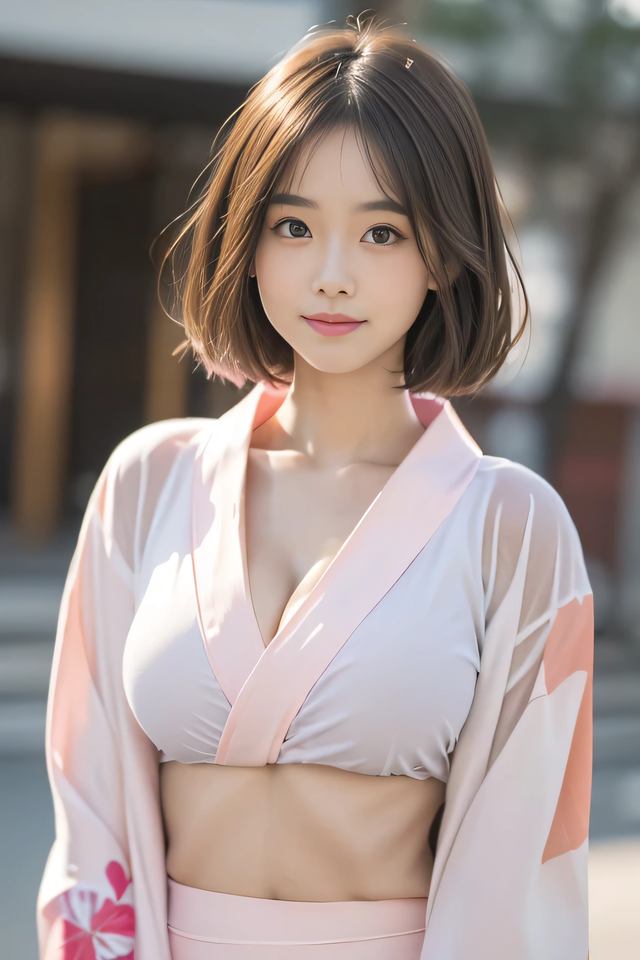 (8k、Raw photo、highest quality、masterpiece:1.2),(long bob cut),looking at the viewer,Looking at the front,sexy pose, strong,erotic,student,white skin,knees,absurd,small face,Part the front hair from the center、I can see the forehead,(please be shy,tight eyes,glare,strong,skinny,skinny,get annoyed)、masterpiece,highest quality、超A high resolution,one person, solo,close up shot、cute、Return to student,(Neat pink-based floral pattern yukata:1.5),high school girl,japanese woman,standing,(Photoreal:1.37)、photon mapping,realistic、cutesmall face,brown eyes、prospect、Depth of the bounds written、blurred background、picture,girls、(I can see the front hair), hair, I can see the knees,thin clothing,, thigh,Nogizaka Idol, actress、natural breasts、cleavage、Super fine、low person、(Skin with visible pores:1.2)、(focus on face)、Check and correct garment structure, (Large Breasts:1.2),