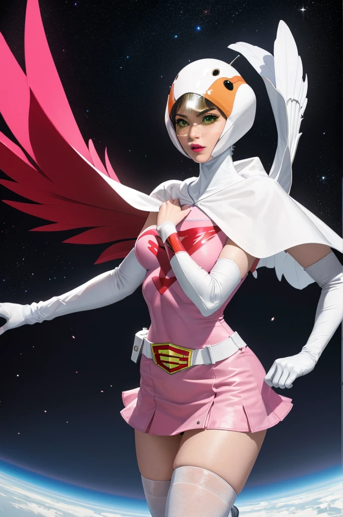 ((masterpiece)),((highest quality)),((High resolution)),((Highly detailed CG Unity 8k wallpaper)), Outdoor, Day, Upper Body, View Viewer, alone, Concentrated, break,
Year_Classic_Jun_Gatchaman_My Waifu, Jun the swan,
One girl, chest, lips, medium chest, large chest, Green Eyes, lipstick, compensate, eyelash, eye shadow,
visor, Helmet, Cape, Elbow hand pockets, Knee socks, belt, White gloves, zettai ryouiki, mask, skirt, White legwear, Superhero, leotard, Spacesuit, Pink Dress, white Cape, pink leotard, pink skirt, Short dress,