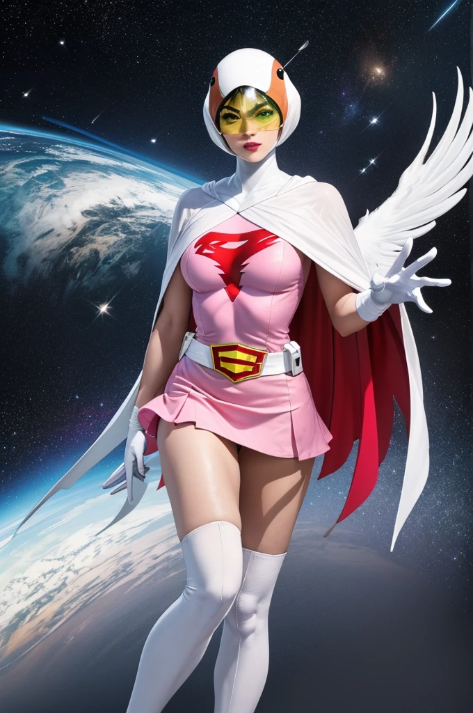 ((masterpiece)),((highest quality)),((High resolution)),((Highly detailed CG Unity 8k wallpaper)), Outdoor, Day, Upper Body, View Viewer, alone, Concentrated, break,
Year_Classic_Jun_Gatchaman_My Waifu, Jun the swan,
One girl, chest, lips, medium chest, large chest, Green Eyes, lipstick, compensate, eyelash, eye shadow,
visor, Helmet, Cape, Elbow hand pockets, Knee socks, belt, White gloves, zettai ryouiki, mask, skirt, White legwear, Superhero, leotard, Spacesuit, Pink Dress, white Cape, pink leotard, pink skirt, Short dress,
