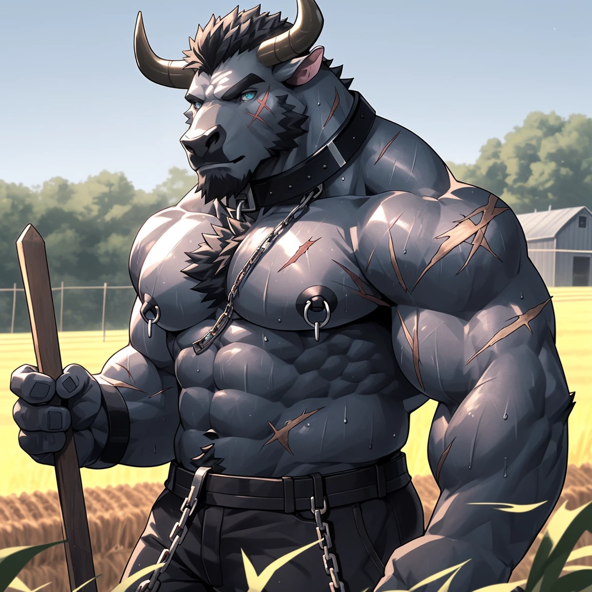 Sweaty, muscular, shirtless, holding farm tools and tilling the field in the daytime, anthropomorphic chest hair, serious face(Scar on face) Mature (Blue eyes)Huge muscular torn abs wild wearing nipple rings and collars prisoners collar linked to chains lock ambitious black bull