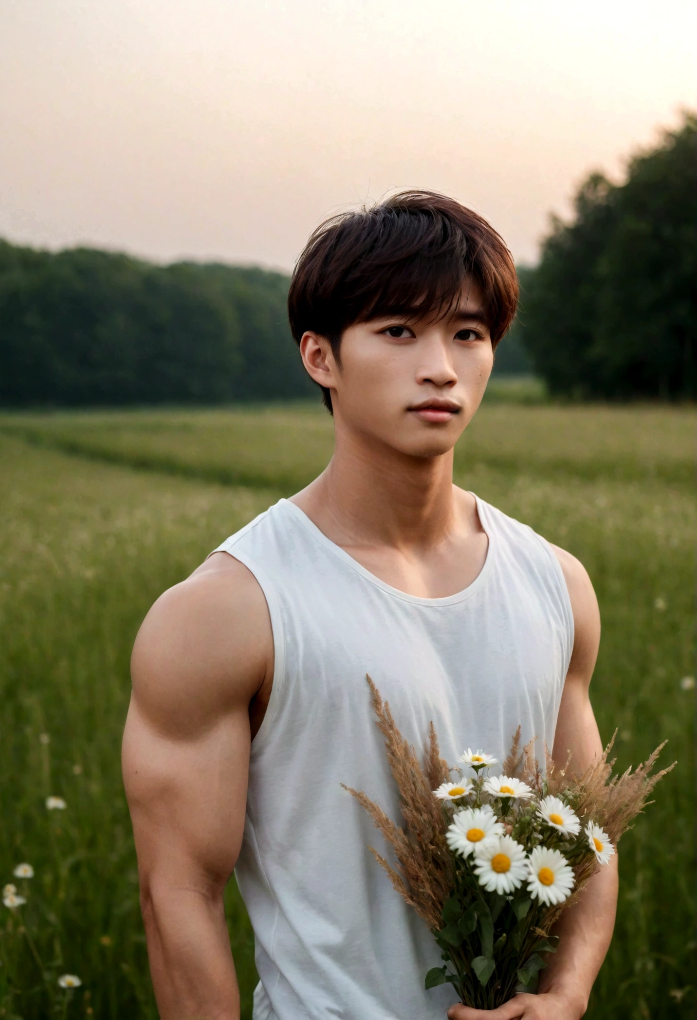 A handsome korean boy hold flowers, 25 years old, brown hair, light hazel brown eyes, masculine pose standing in a meadow, mysterious lighting, muscular physique, looking into the camera, upper body, polish,bokeh,50mm,f1.4 ,canon, DSLR camera, soft lighting, high quality, film grain, Fujifilm XT3