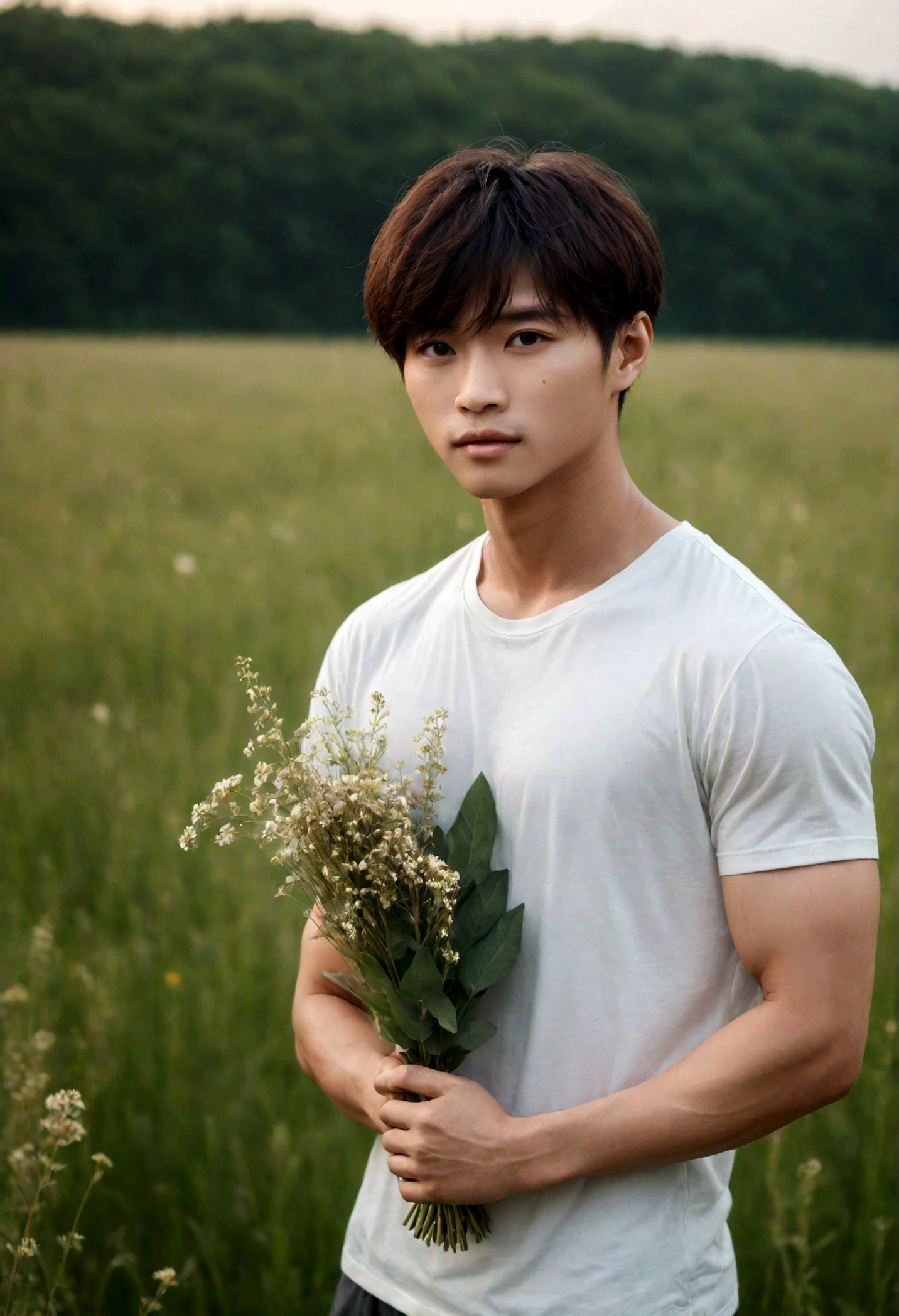 A handsome korean boy hold flowers, 25 years old, brown hair, light hazel brown eyes, masculine pose standing in a meadow, mysterious lighting, muscular physique, looking into the camera, upper body, polish,bokeh,50mm,f1.4 ,canon, DSLR camera, soft lighting, high quality, film grain, Fujifilm XT3