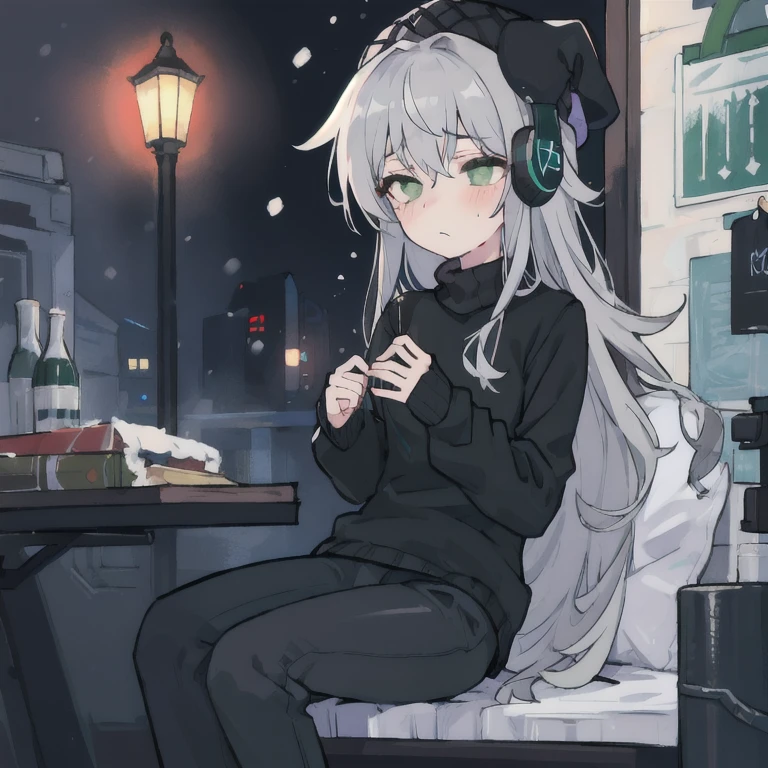 Thick long-sleeved black sweater, long black white pants, cold face, Sleepy eyes, gray winter hat, alone, long grey hair, dark green eyes, russian, black headphones, Night atmosphere,