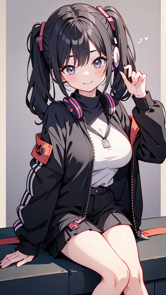 masterpiece,anime style,chibi,sexy girl,black hair,shoulder length hair with two pigtails,black jacket,with headphones,lo fi background,smiling,big breasts,listening to music,waiting on the right side of the image,
