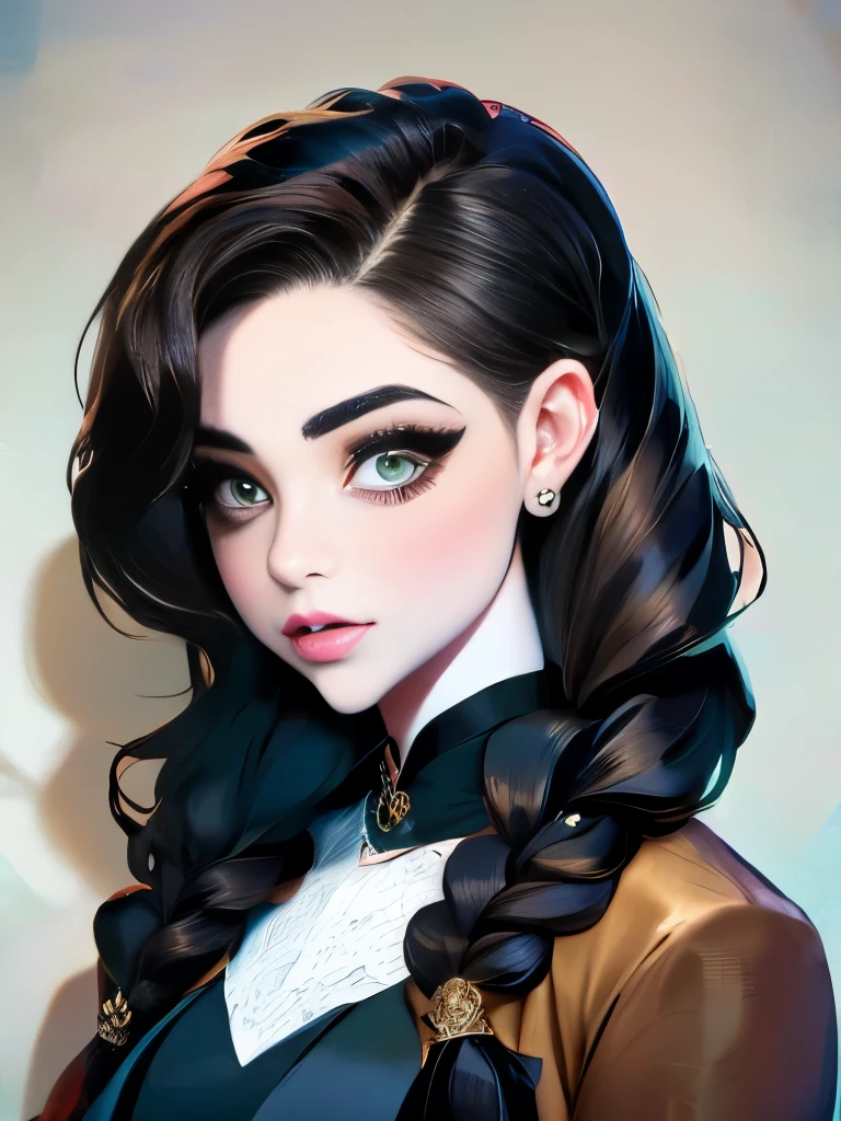 woman with long hair in a black dress and a brown jacket, a portrait inspired by Hermione Hammond, tumblr, art nouveau, long braided curly brown hair, braided brown hair, gorgeous kacey rohl, her wardrobe is attractive, olivia culpo as milady de winter, beautiful stella maeve magician, long dark braided hair, her hair is in a pony tail
