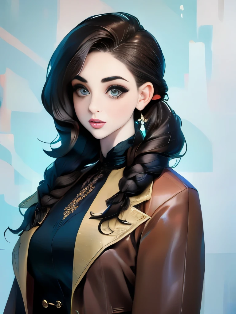 woman with long hair in a black dress and a brown jacket, a portrait inspired by Hermione Hammond, tumblr, art nouveau, long braided curly brown hair, braided brown hair, gorgeous kacey rohl, her wardrobe is attractive, olivia culpo as milady de winter, beautiful stella maeve magician, long dark braided hair, her hair is in a pony tail