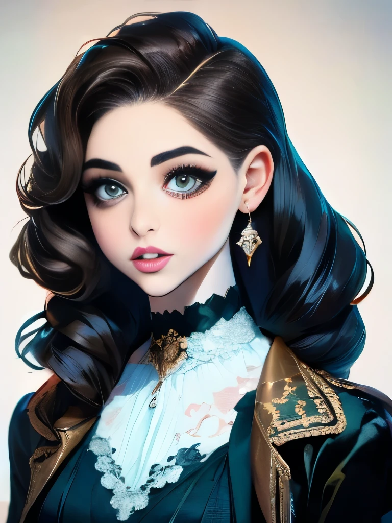 woman with long hair in a black dress and a brown jacket, a portrait inspired by Hermione Hammond, tumblr, art nouveau, long braided curly brown hair, braided brown hair, gorgeous kacey rohl, her wardrobe is attractive, olivia culpo as milady de winter, beautiful stella maeve magician, long dark braided hair, her hair is in a pony tail