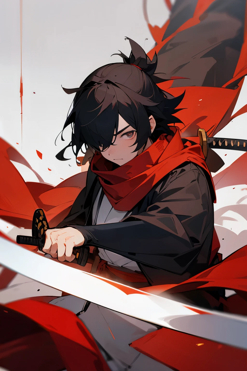 Samurai, wise man, uses a 2 meter long katana sword, is blind in one eye, wears fog, and a red scarf.