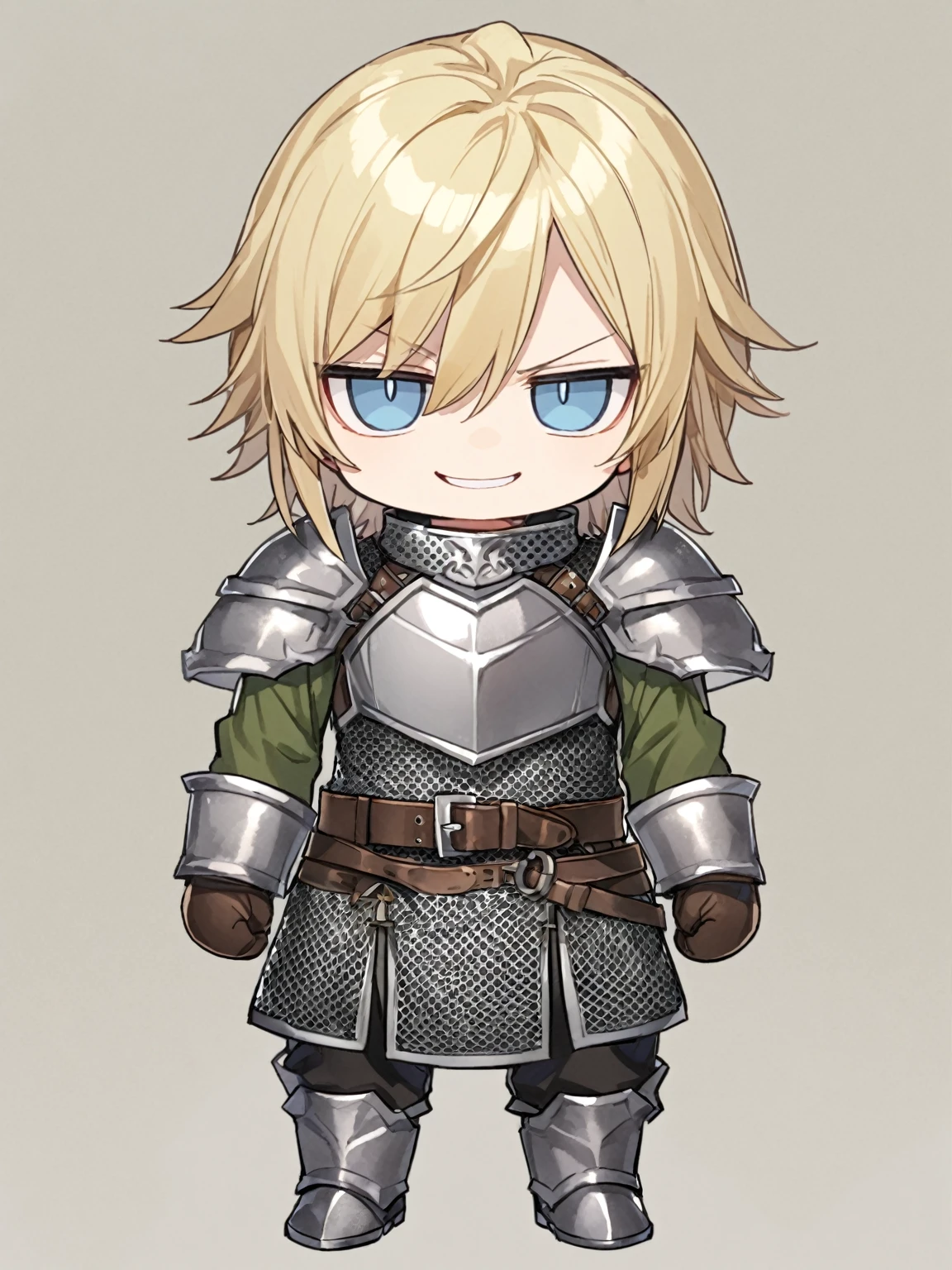 {{{kame (kamepan44231), full body, no humans, chibi, jitome, fumo (doll)}}}, straight-on, looking at viewer, medieval fantasy, solo, 1boy, solo, facing viewer, male, blond hair, hair between eyes, blue eyes, medium hair, swept bangs, grey armor, leather gloves, evil smile, full armor, grey breastplate, grey armor, green shirt, sanpaku, long sleeves, belt, fur trim, long sidelocks, nape hair, hand on own waist, chainmail, toned male.