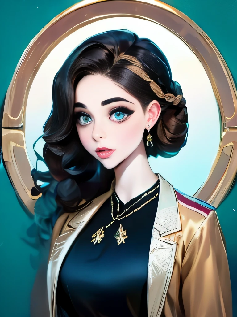 woman with long hair in a black dress and a brown jacket, a portrait inspired by Hermione Hammond, tumblr, art nouveau, long braided curly brown hair, braided brown hair, gorgeous kacey rohl, her wardrobe is attractive, olivia culpo as milady de winter, beautiful stella maeve magician, long dark braided hair, her hair is in a pony tail
