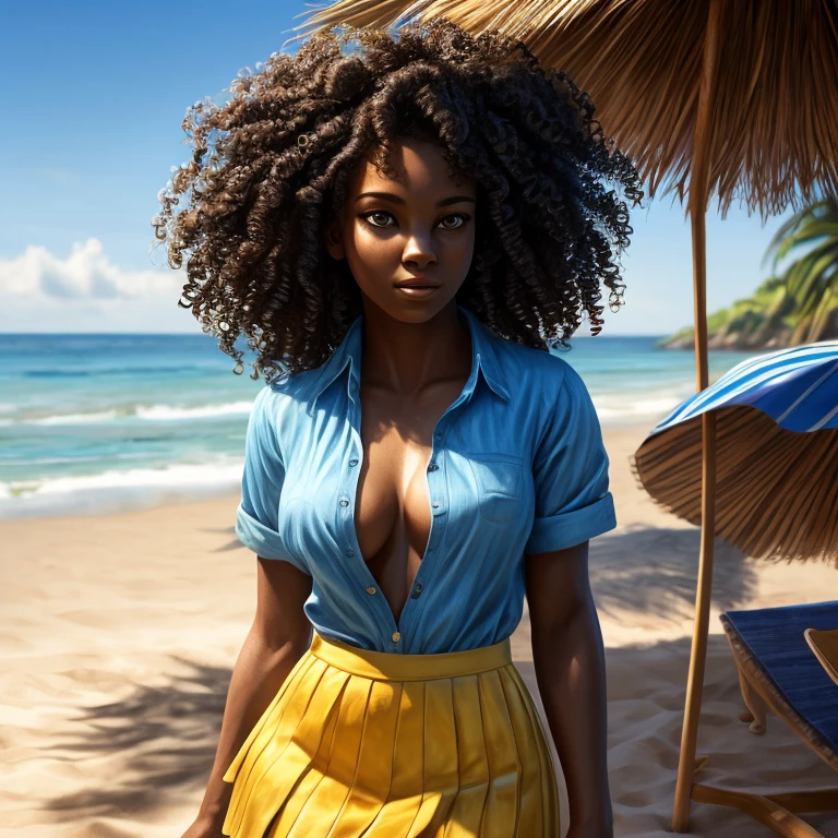 Ultra-realistic, 4k, professional photo, 22 year old girl, black girl, big curly hair, HDR, detailed face, medium body, yellow skirt with flower, (open unbuttoned blue shirt), Masterpiece, (lighting), (1solo), beach background, realistic background, realistic photo, topless