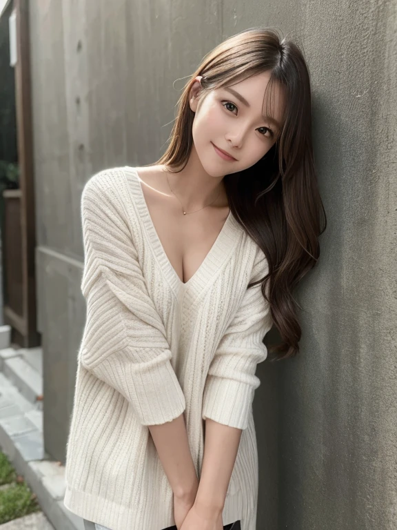 masterpiece, highest quality, High resolution,alone,Brown,artistic,Best lighting,Casual clothing,Flat Chest,Beautiful Face,expensive,smile,light makeup,Age 23,Calm woman,Detailed Hair,Laughing woman,Face Focus,Wavy Hair,Very white skin,Thin eyebrows,A woman wearing striped clothing,outside,night,Background Bokashi,illumination,Leaning against the wall,Low exposure