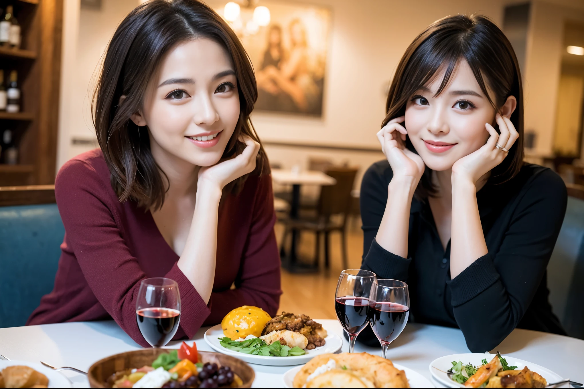 ((highest quality、8k、masterpiece:1.3))、1 male、1 female、spouse、I really like it、Beautiful couple、The body is slim、テーブルの上のwine glass、Facial lighting、full-course dinner、 Amazing view of the sunset sky and clouds、A bright smile、The wonderfulness of smile、Bright image、Beautiful Face, short hair,Bright Face、 (43 years old), 39 years old, red wine 、Appetizers、Italian food、Wine bottle、Champagne、sparkling wine、Two beauties、Brown Hair、Shortcuts、Long sleeve shirt、dress、Pretty Woman 1, (slimな顔), (The body is slim), (Brown Hair), (Shortcuts), cheeks turn a little red,Attractive beauty、restaurant, In a prominent place (From the waist up) Nova Frog Style, actress, model, Upper Body, White wine, slim, wine glass, 中央に置かれたwine glass, smile, (smile: 1.15), Beautiful fine grain, Depth f/2,saturation, High Contrast, Strong light and shadow,Moist Body:1.5、3D texture、Delicate eyes、Brown Hair、The hair is very shiny、
