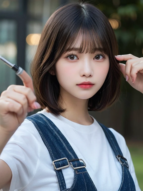 Woman wearing overalls,He has a gun,Pointing a gun,rain, neat hair With bangs, Short fine hair, Bob hairstyle, Short fine hair With bangs, Round-faced Southeast Asian, Cute and delicate face of a girl, With bangs, Korean Girls, Young and pretty Asian face, Korean symmetrical face, Center-parted bangs, Avatar Profile Picture