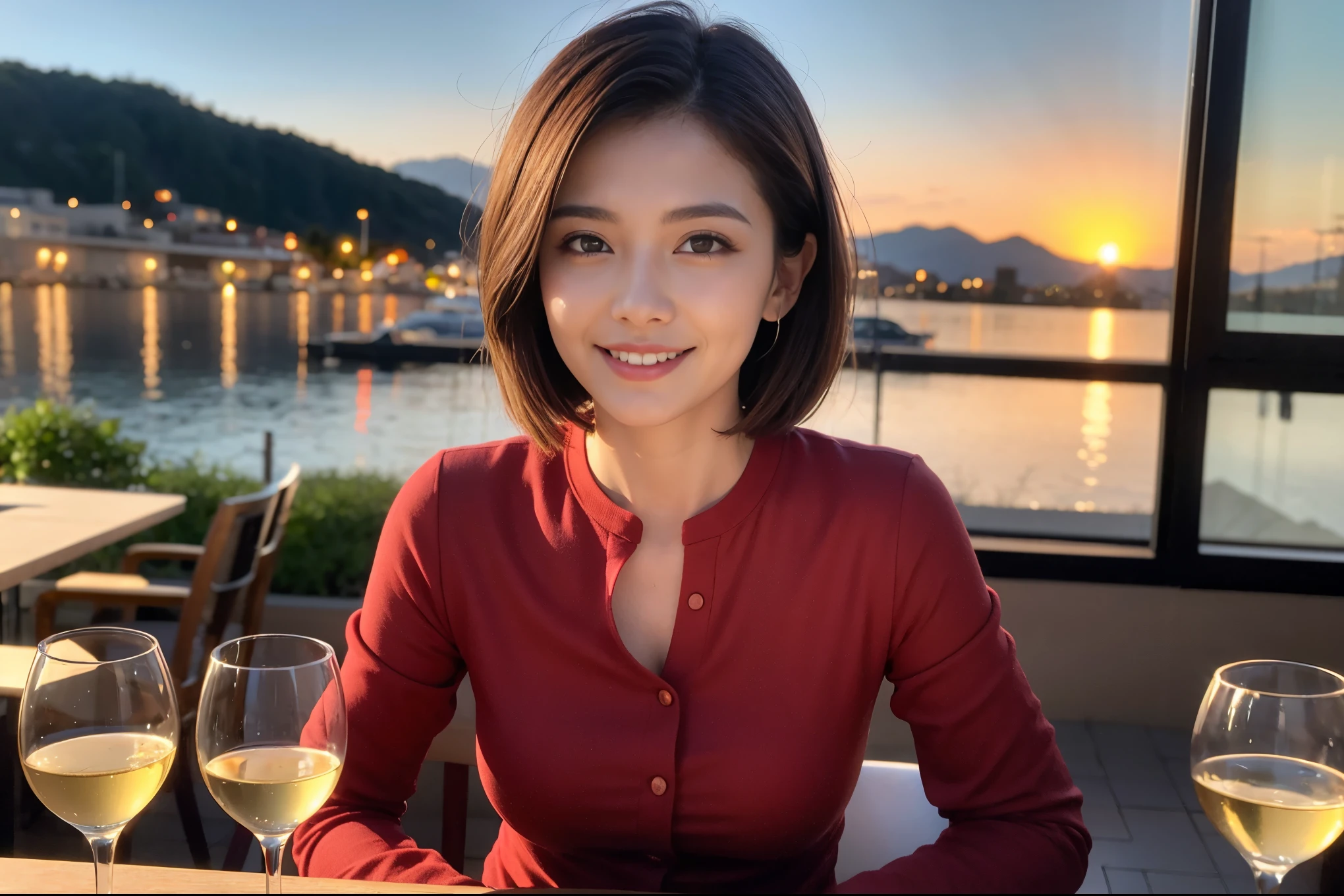 ((highest quality、8k、masterpiece:1.3))、1 male、1 female、spouse、I really like it、Beautiful couple、The body is slim、テーブルの上のwine glass、Facial lighting、full-course dinner、 Amazing view of the sunset sky and clouds、A bright smile、The wonderfulness of smile、Bright image、Beautiful Face, short hair,Bright Face、 (43 years old), 39 years old, red wine 、Appetizers、Italian food、Wine bottle、Champagne、sparkling wine、Two beauties、Brown Hair、Shortcuts、Long sleeve shirt、dress、Pretty Woman 1, (slimな顔), (The body is slim), (Brown Hair), (Shortcuts), cheeks turn a little red,Attractive beauty、restaurant, In a prominent place (From the waist up) Nova Frog Style, actress, model, Upper Body, White wine, slim, wine glass, 中央に置かれたwine glass, smile, (smile: 1.15), Beautiful fine grain, Depth f/2,saturation, High Contrast, Strong light and shadow,Moist Body:1.5、3D texture、Delicate eyes、Brown Hair、The hair is very shiny、