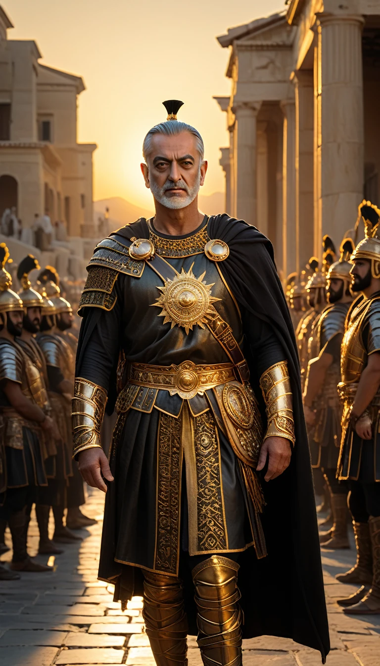 As the sun began to set, The warm golden hues of the sun illuminated his ornate attire, casting a warm glow across the area, Ground-level shot, Selfie of king Xerxes with his army after the defeat of Greece, background dark, hyper realistic, ultra detailed hyper realistic, photorealistic, Studio Lighting, reflections, dynamic pose, Cinematic, Color Grading, Photography, Shot on 50mm lens, Ultra-Wide Angle, Depth of Field, hyper-detailed, beautifully color, 8k, golden light from the front,