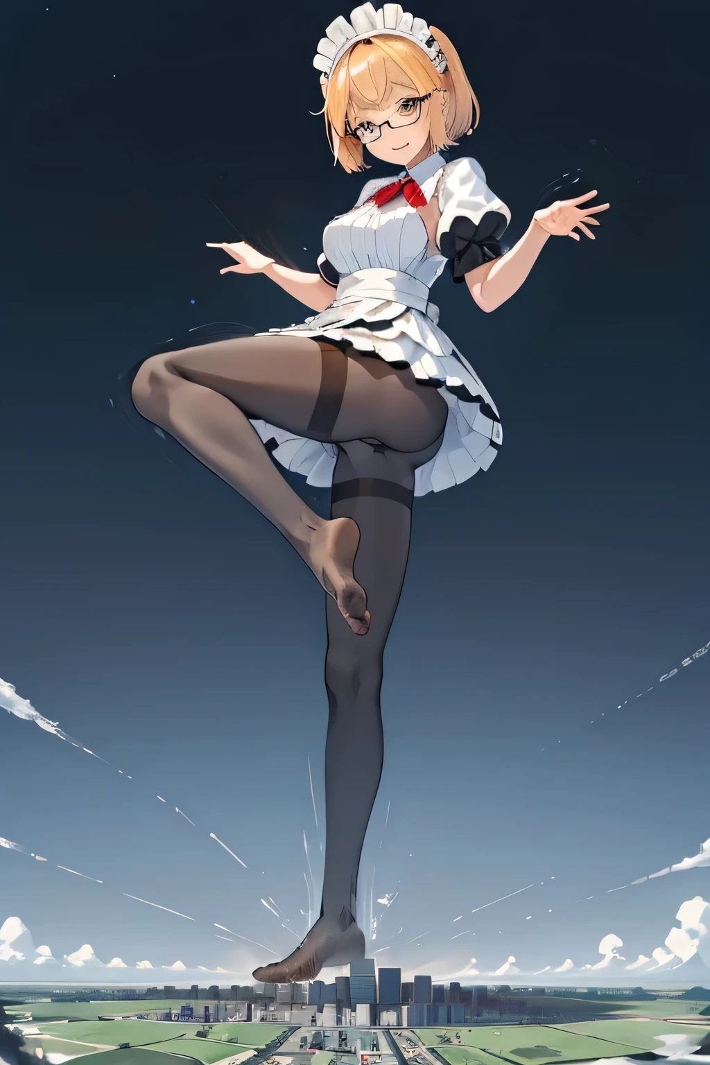 giantess art, highly detailed giantess shots, giantess, Two legs, Five fingers, short hair, A beautiful girl who is bigger than a skyscraper, Wearing rimless glasses, smile, Big Breasts, Maid clothes, Black Pantyhose, black pantyhose, no shoes on, toes visible through pantyhose, Steam coming out from the soles of my feet, Destroying cities, A very small big city, Miniature metropolis, Full body description, GTS, giga giantess, stomping city, crash city, tiny city, micro city, pantyhose feet, High resolution, highest quality, masterpiece, Maid, maid, transparent bodystocking,