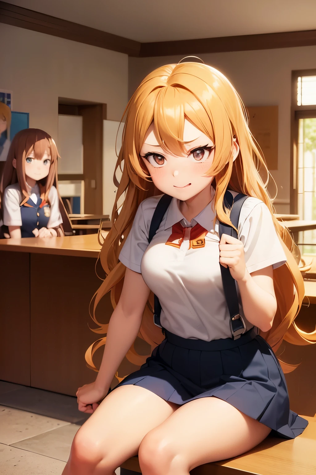 Anime screenshot of my hero academia girl with light brown wavy hair with golden and orange locks and long has a happy expression she is wearing the UA uniform and in the background she has a UA school class and next to her sitting bakugo katsuki with the uniform of the UA looking at her with a loving expression