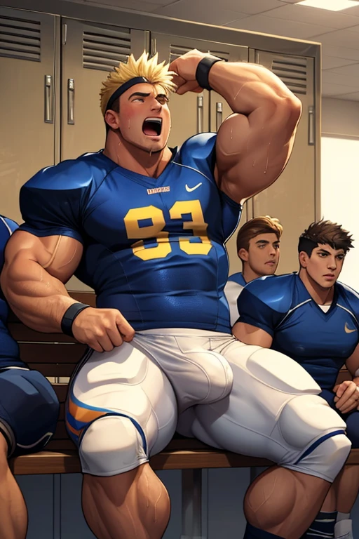 A group of five higher students sit on a bench in a locker room. Blank vapid stares. Open mouth. Drooling. Football uniforms. Realistic. Open mouths. Hypnotized. Brainwashed. Hypnosis. Brainwashing. Big biceps. Big triceps. Big traps. Broad shoulders. Big meaty pecs. Big crotch bulge. Hyper bulge. Flexing biceps. Sweat. Repeating mantras. "Bigger and bigger. Dumber and dumber. Listen. Obey. Become a jock. Thoughts slow down until they lock. Coach thinks for the big dumb jock. Coach thinks... Coach thinks ... for me...." Bro. Football jock transformation. Jockstrap. Compression pants. Football pads. Cleats. Bleached spiky hair.