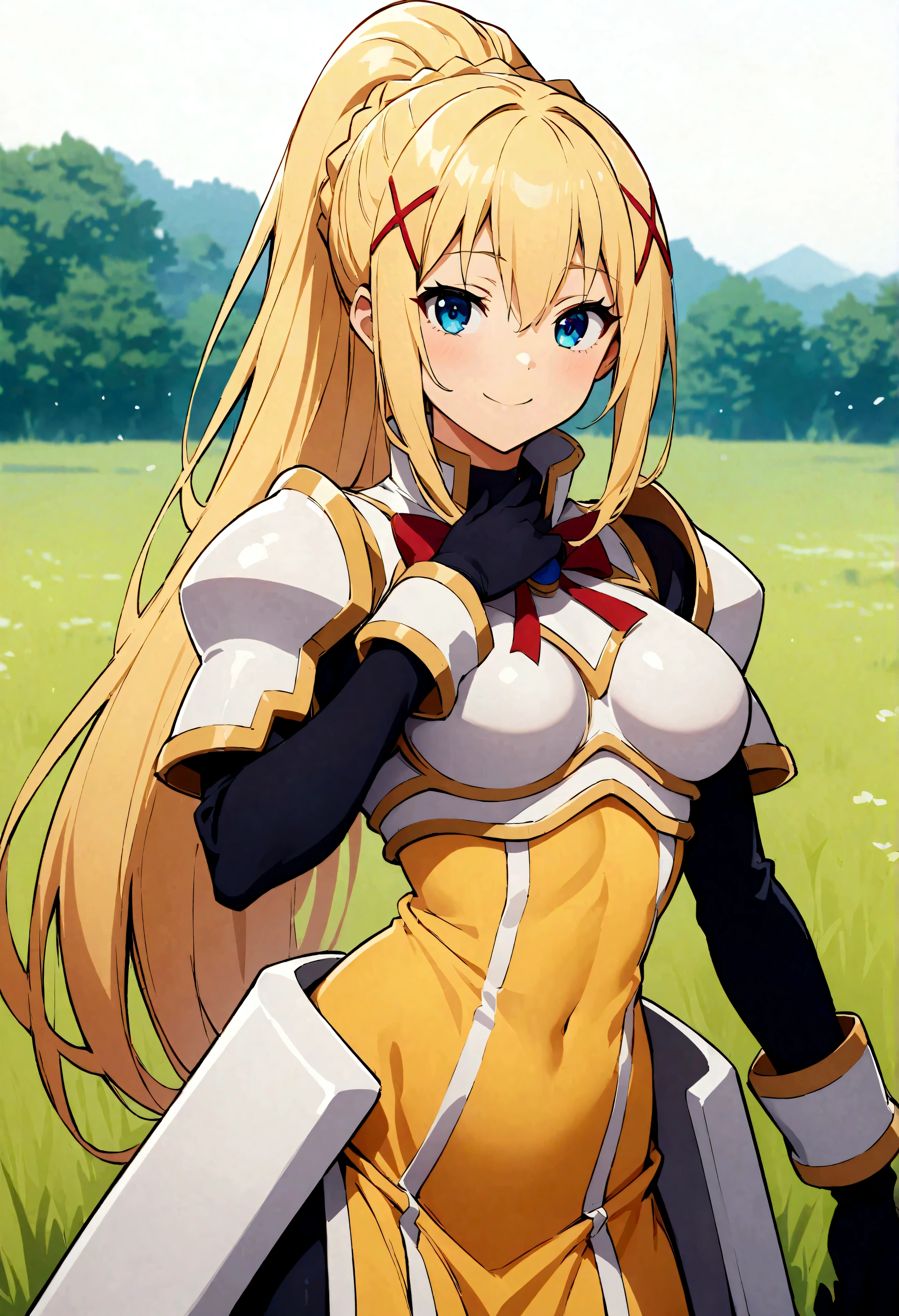 (highest quality:1.2, Anime artwork, Anime Style, Very detailed, up to date, Vibrant, digital coloring, High Contrast, masterpiece:1.2, highest quality, Best aesthetics), (((KonoSuba, KS Darkness, 1 female:1.2))), ((blonde, ponytail, x Hair accessories, White Armor, shoulder 鎧, Bodysuits, Black gloves, Yellow Dress)), smile, Random Pause, Cowboy Shot, Grassland Background.