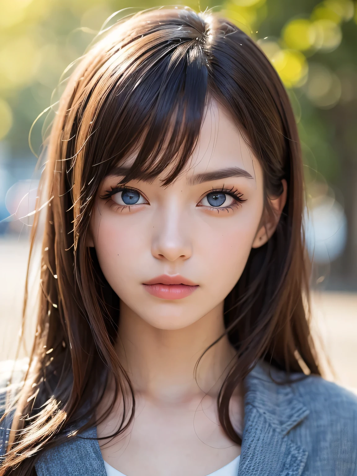 masterpiece, highest quality, Beautiful young woman, Sparkling Blue Eyes, (detailed pupils:1.2), eyelash, Beautiful light brown hair, Striped Hair, Multicolor, Medium length hair, Perfect Face,Face looking straight ahead， detailed,Upper body portrait