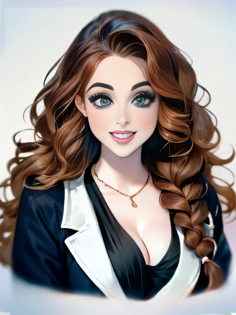 woman with long hair in a black dress and a brown jacket, a portrait inspired by Hermione Hammond, tumblr, art nouveau, long braided curly brown hair, braided brown hair, gorgeous kacey rohl, her wardrobe is attractive, olivia culpo as milady de winter, beautiful stella maeve magician, long dark braided hair, her hair is in a pony tail