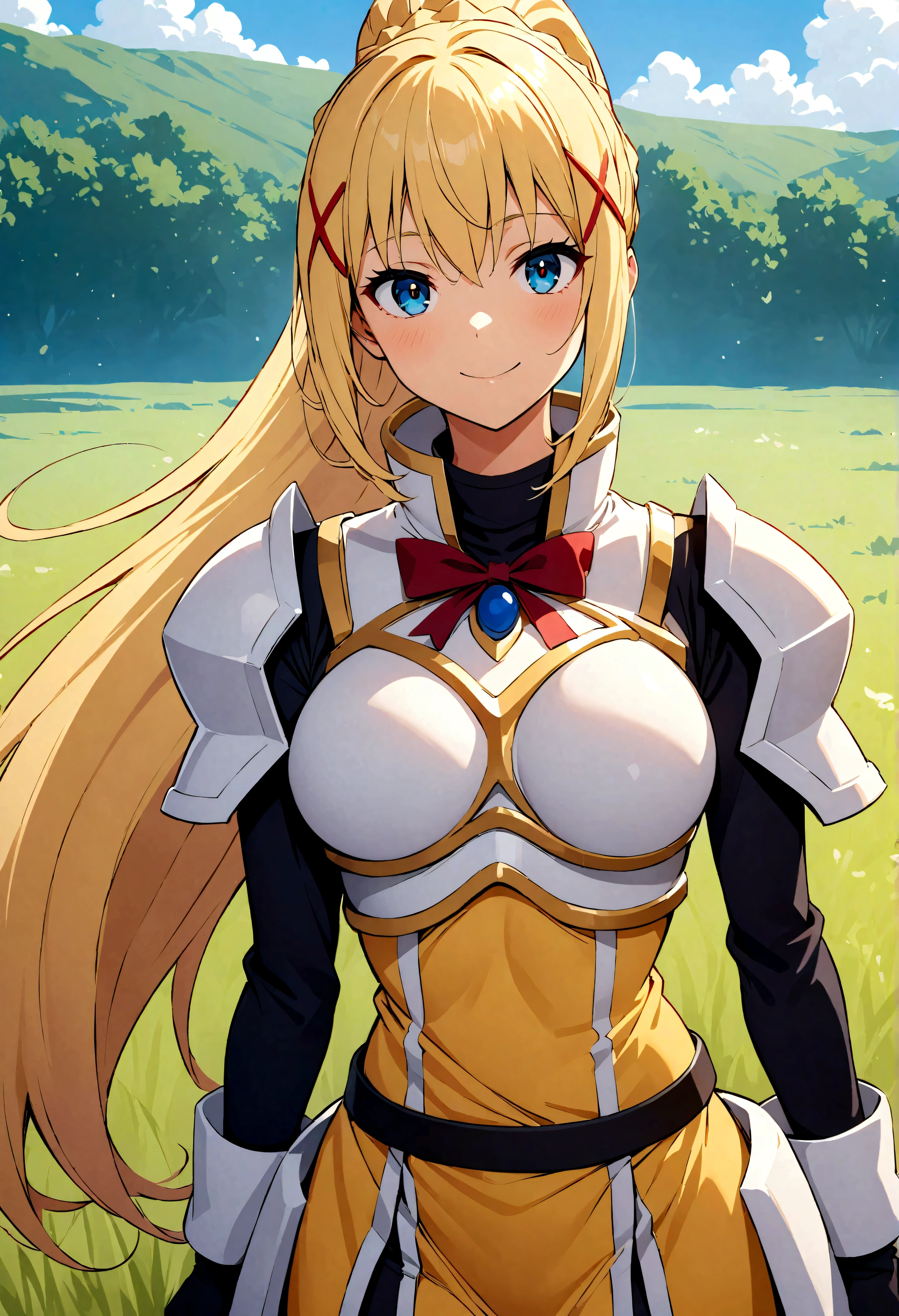 (highest quality:1.2, Anime artwork, Anime Style, Very detailed, up to date, Vibrant, digital coloring, High Contrast, masterpiece:1.2, highest quality, Best aesthetics), (((KonoSuba, KS Darkness, 1 female:1.2))), ((blonde, ponytail, x Hair accessories, White Armor, shoulder 鎧, Bodysuits, Black gloves, Yellow Dress)), smile, Random Pause, Cowboy Shot, Grassland Background.