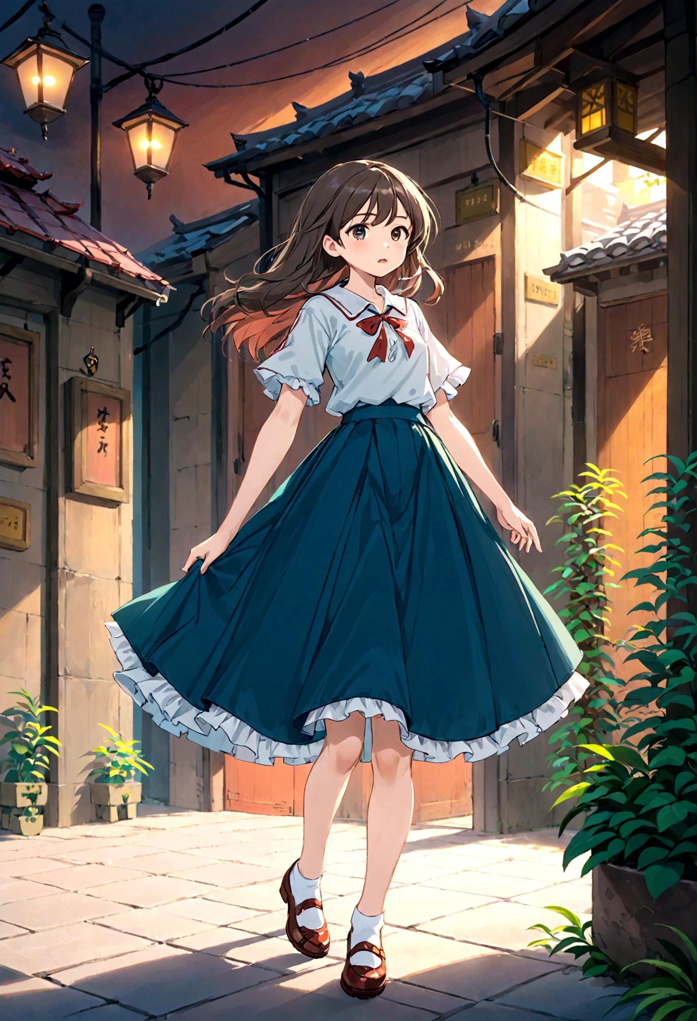 Low - Angle、Long skirt、強WindでHolding the flipping skirt with your hand、強WindでWhite cotton pantiesが見えている、:((Holding the flipping skirt with your hand))Low - Angle8Kで、highest quality、masterpiece、Ultra-detailed、Ultra-high resolution、Anime Style、1. High school girl、強Wind、((Holding the flipping skirt with your hand))、(impatient)White cotton panties:1.5), (Wind:1.25), (highest quality:1.0), (masterpiece:1.0), (Ultra-fine illustrations:1.0), ネイビーブルーのLong skirt、
、Lined、