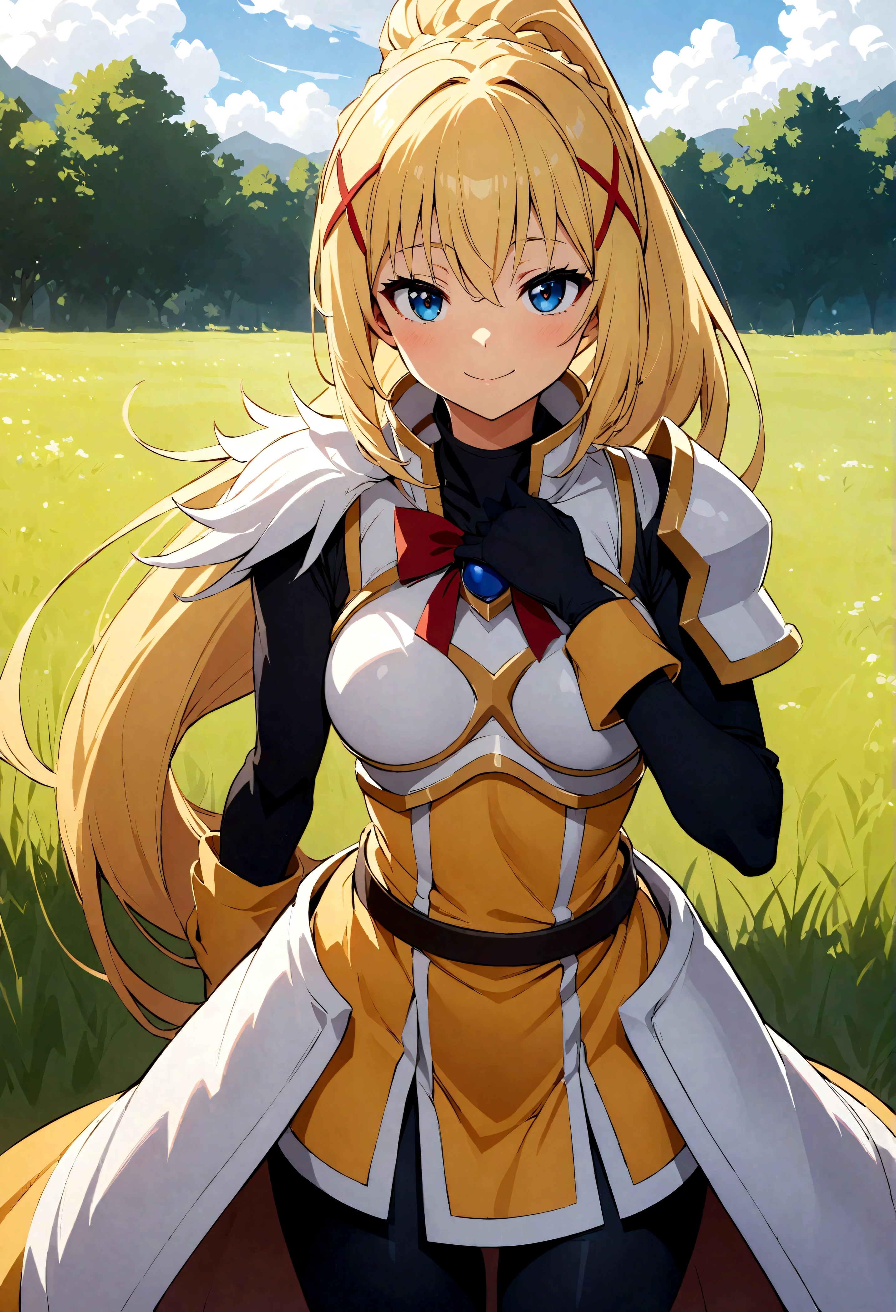 (highest quality:1.2, Anime artwork, Anime Style, Very detailed, up to date, Vibrant, digital coloring, High Contrast, masterpiece:1.2, highest quality, Best aesthetics), (((KonoSuba, KS Darkness, 1 female:1.2))), ((blonde, ponytail, x Hair accessories, White Armor, shoulder 鎧, Bodysuits, Black gloves, Yellow Dress)), smile, Random Pause, Cowboy Shot, Grassland Background.