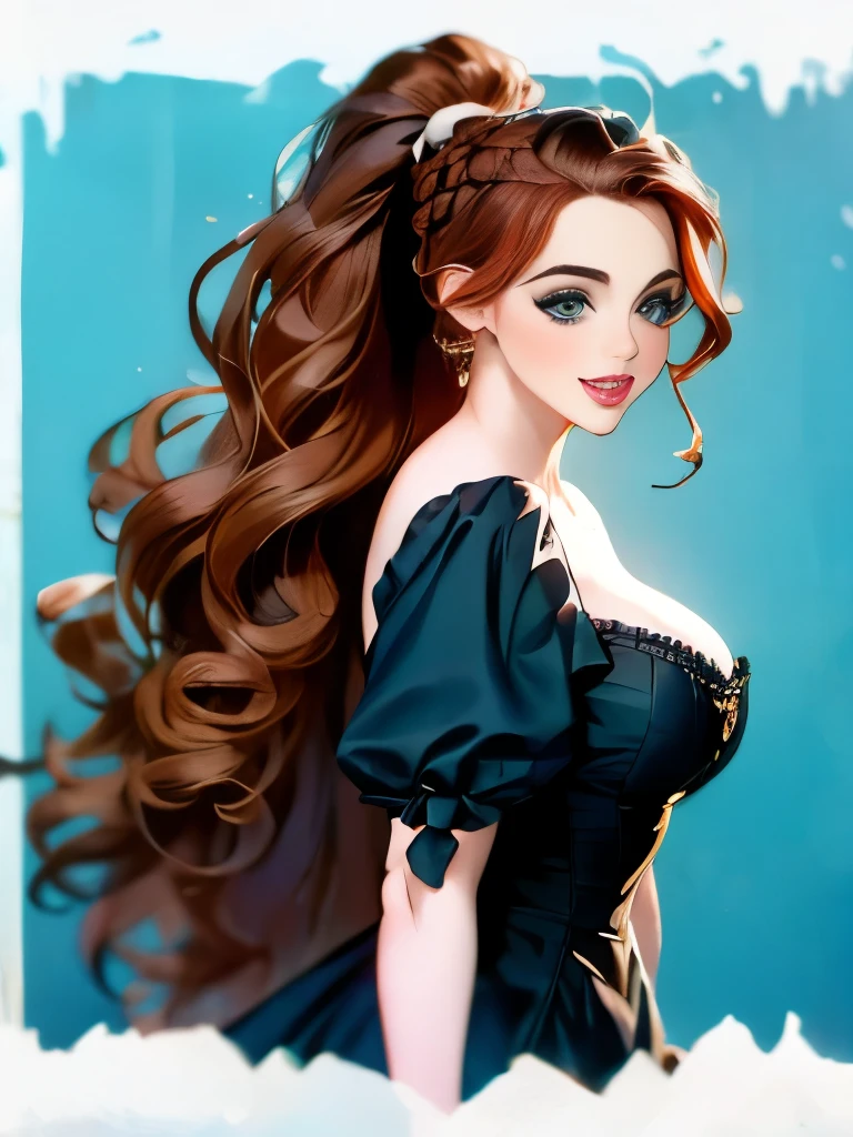 woman with long hair in a black dress and a brown jacket, a portrait inspired by Hermione Hammond, tumblr, art nouveau, long braided curly brown hair, braided brown hair, gorgeous kacey rohl, her wardrobe is attractive, olivia culpo as milady de winter, beautiful stella maeve magician, long dark braided hair, her hair is in a pony tail