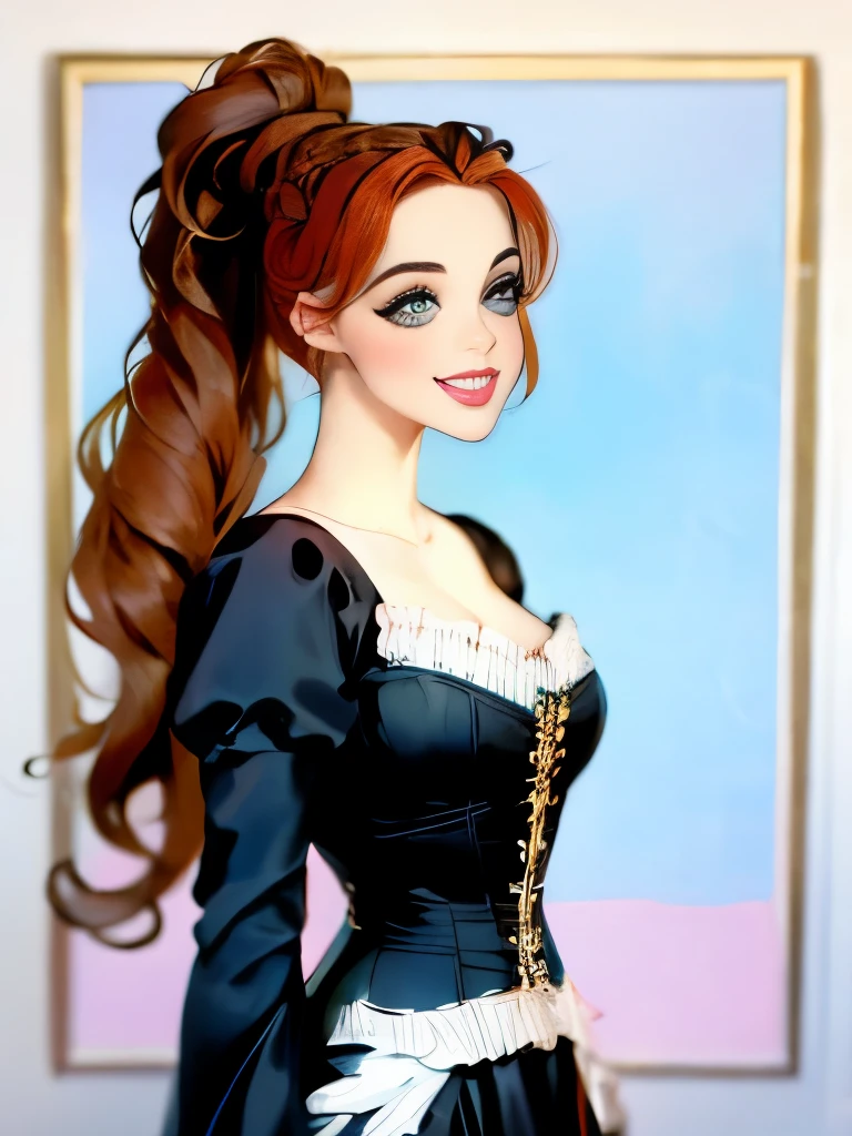 woman with long hair in a black dress and a brown jacket, a portrait inspired by Hermione Hammond, tumblr, art nouveau, long braided curly brown hair, braided brown hair, gorgeous kacey rohl, her wardrobe is attractive, olivia culpo as milady de winter, beautiful stella maeve magician, long dark braided hair, her hair is in a pony tail