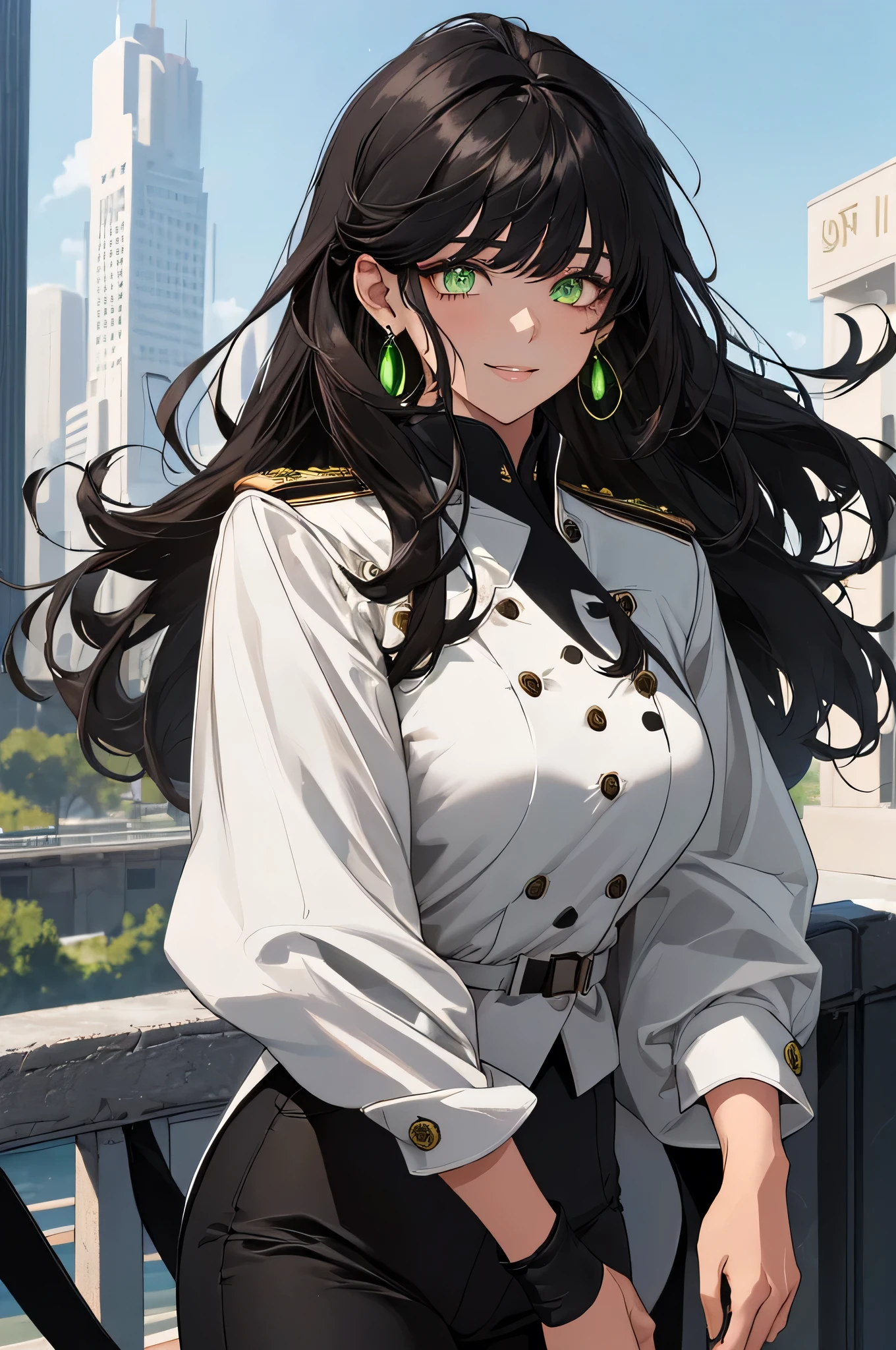 (top quality, masterpiece, high quality, ultra-delicate), ((beautiful girl)), (((adult)), (Dark black hair)), mature, graceful curves, (long hair, long bangs), ((bright glowing green eyes)), ((detailed eyes)), nose, modern clothing, bangs, fashionable clothing, black collar, ((White Military Uniform with Black Pants)), Dutch angel, casual ribbon, charm, fashion, City in the background, thick thighs, green earrings, Beautiful Sunny Day, Sunlight, Close up, Full body Shot, Happy Mood.