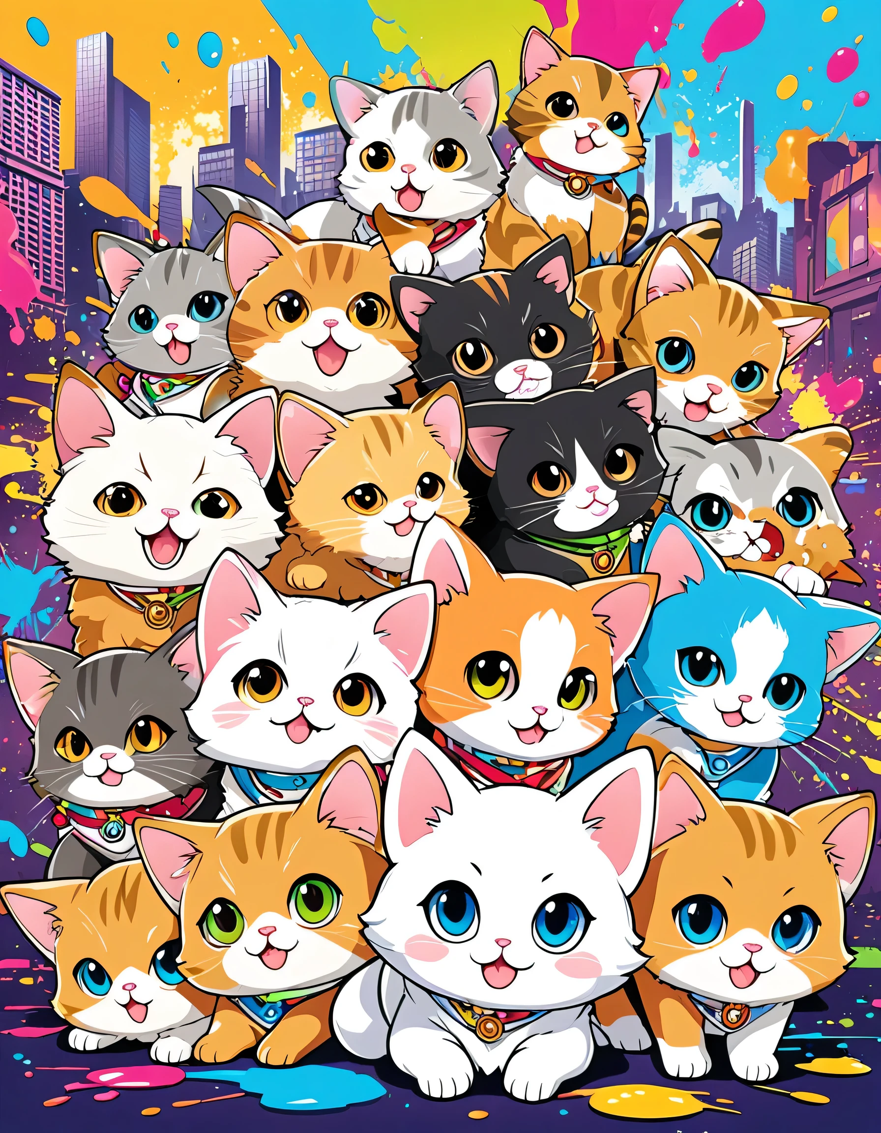 Komugiko 2000 Style, Vector Art, Colorful illustration with lots of cute Persian kittens and puppys, In the center, Vibrant colors, Paint splatters and stains, High Detail, urban background
