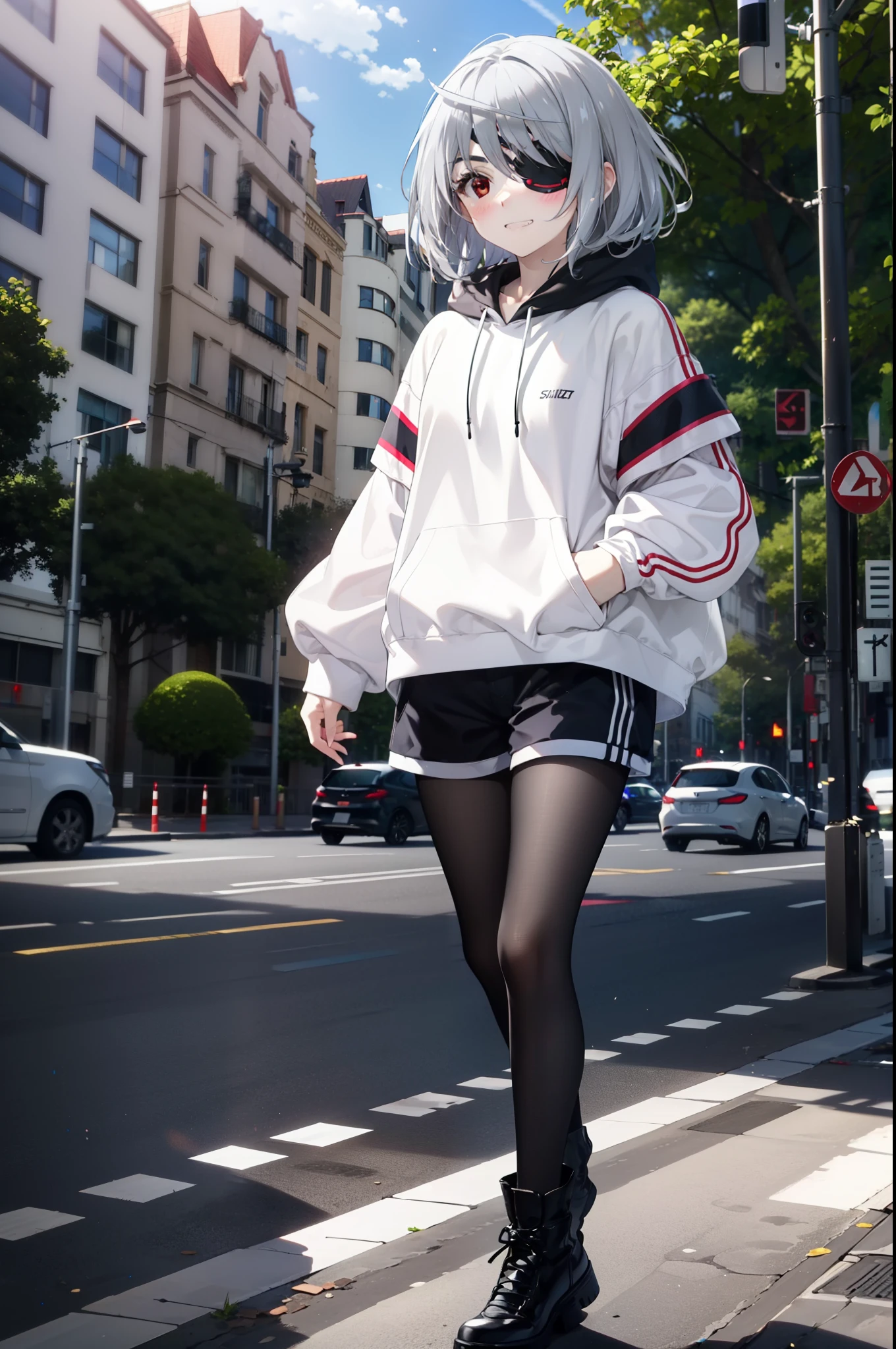 Laurabodewig, Laura Bodewig, Long Hair, (Red eyes:1.3), Grey Hair, Eye patch,smile,blush,Grin,Oversized black hoodie,Shorts,Black pantyhose,short boots,Daytime,Clear skies,Walking,whole body,
break outdoors, Building district,
break looking at viewer, whole body,
break (masterpiece:1.2), highest quality, High resolution, unity 8k wallpaper, (figure:0.8), (Beautiful fine details:1.6), Highly detailed face, Perfect lighting, Highly detailed CG, (Perfect hands, Perfect Anatomy),