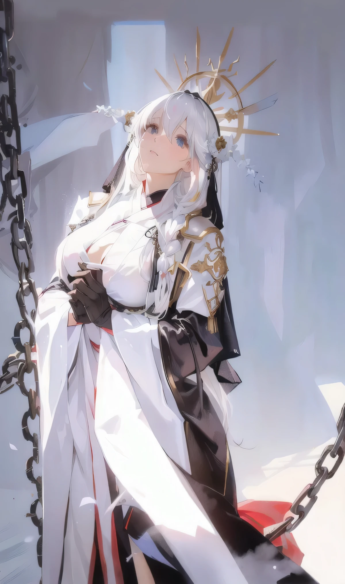 There is a man in costume、woman wearing chain, anime girl role play, anime role play, anime goddess, White-haired deity, White Hanfu, Overlord's albedo, role play, From Girl Front, ahegao, Popular on cgstation, Shikami, has long white hair, Albedo from the anime Overlord, role play photo, Japanese Goddess