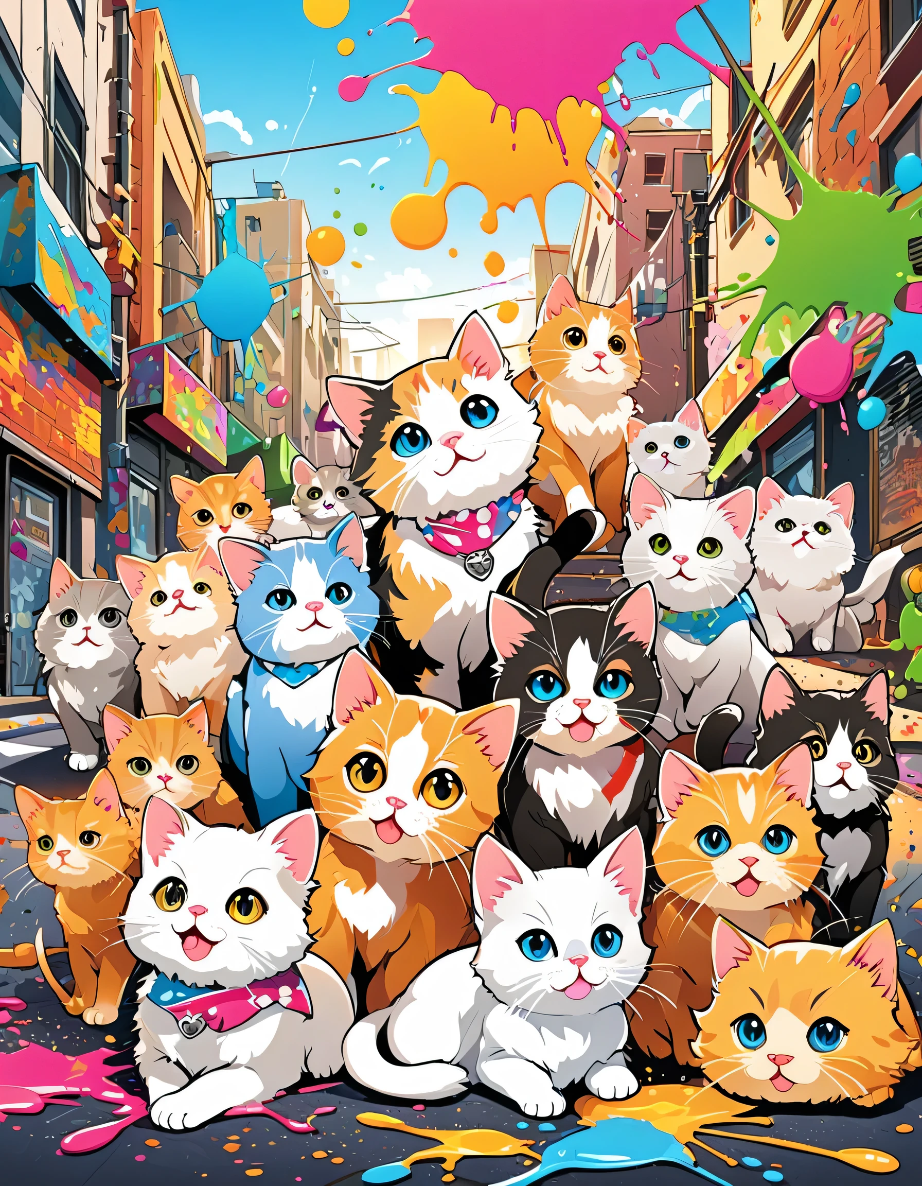 Komugiko 2000 Style, Vector Art, Colorful illustration with lots of cute Persian kittens and puppys, In the center, Vibrant colors, Paint splatters and stains, High Detail, urban background