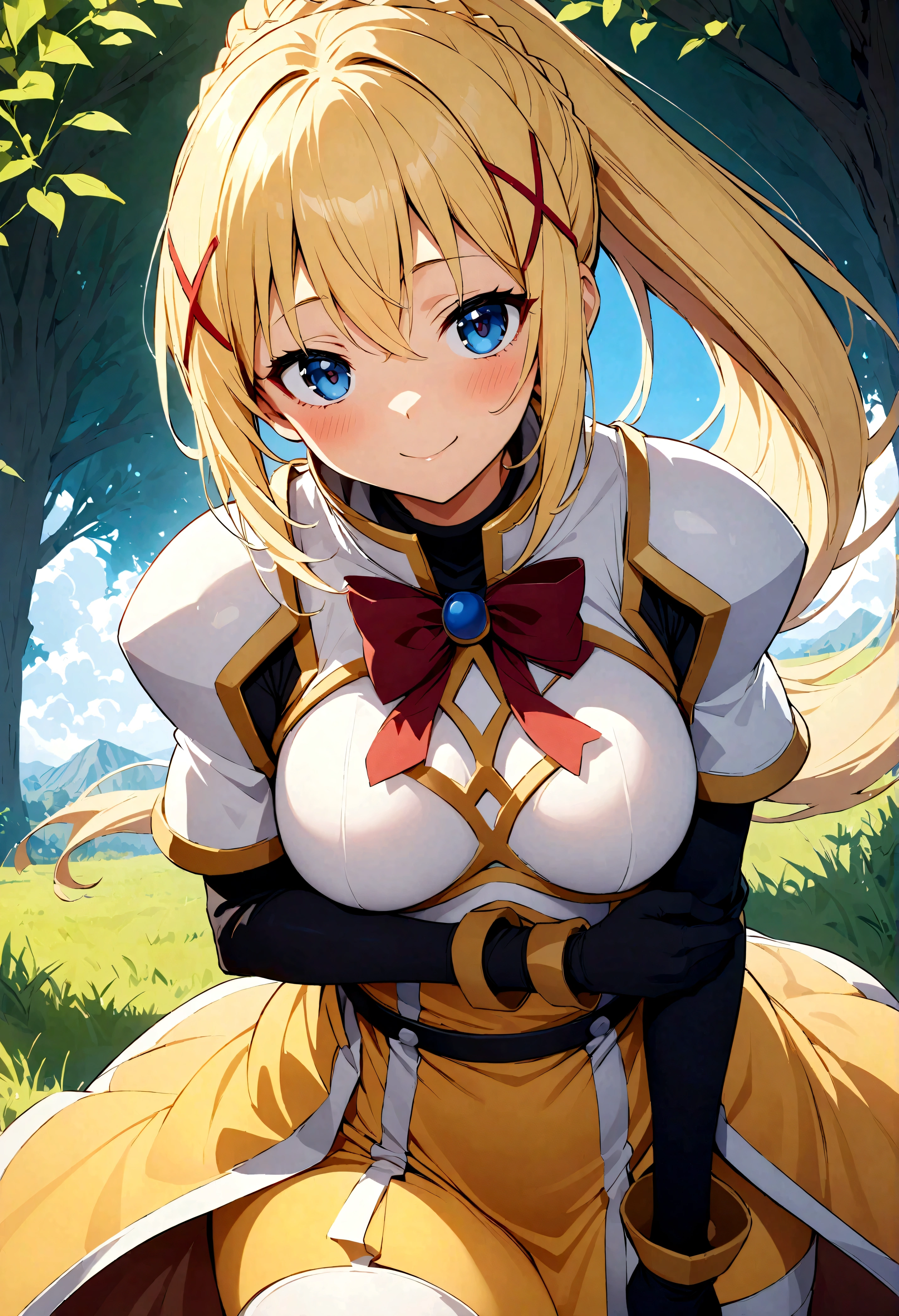 (highest quality:1.2, Anime artwork, Anime Style, Very detailed, up to date, Vibrant, digital coloring, High Contrast, masterpiece:1.2, highest quality, Best aesthetics), (((KonoSuba, KS Darkness, 1 female:1.2))), ((blonde, ponytail, x Hair accessories, White Armor, shoulder 鎧, Bodysuits, Black gloves, Yellow Dress)), blush, smile, Random Pause, Cowboy Shot, Grassland Background.