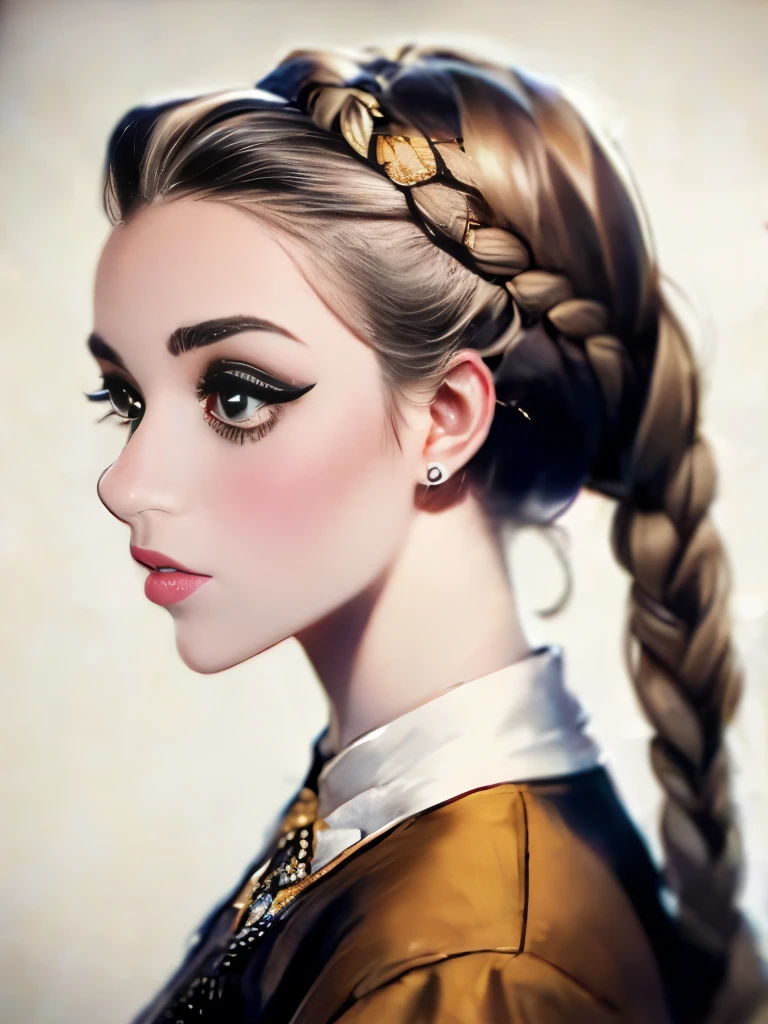 woman with long hair in a black dress and a brown jacket, a portrait inspired by Hermione Hammond, tumblr, art nouveau, long braided curly brown hair, braided brown hair, gorgeous kacey rohl, her wardrobe is attractive, olivia culpo as milady de winter, beautiful stella maeve magician, long dark braided hair, her hair is in a pony tail