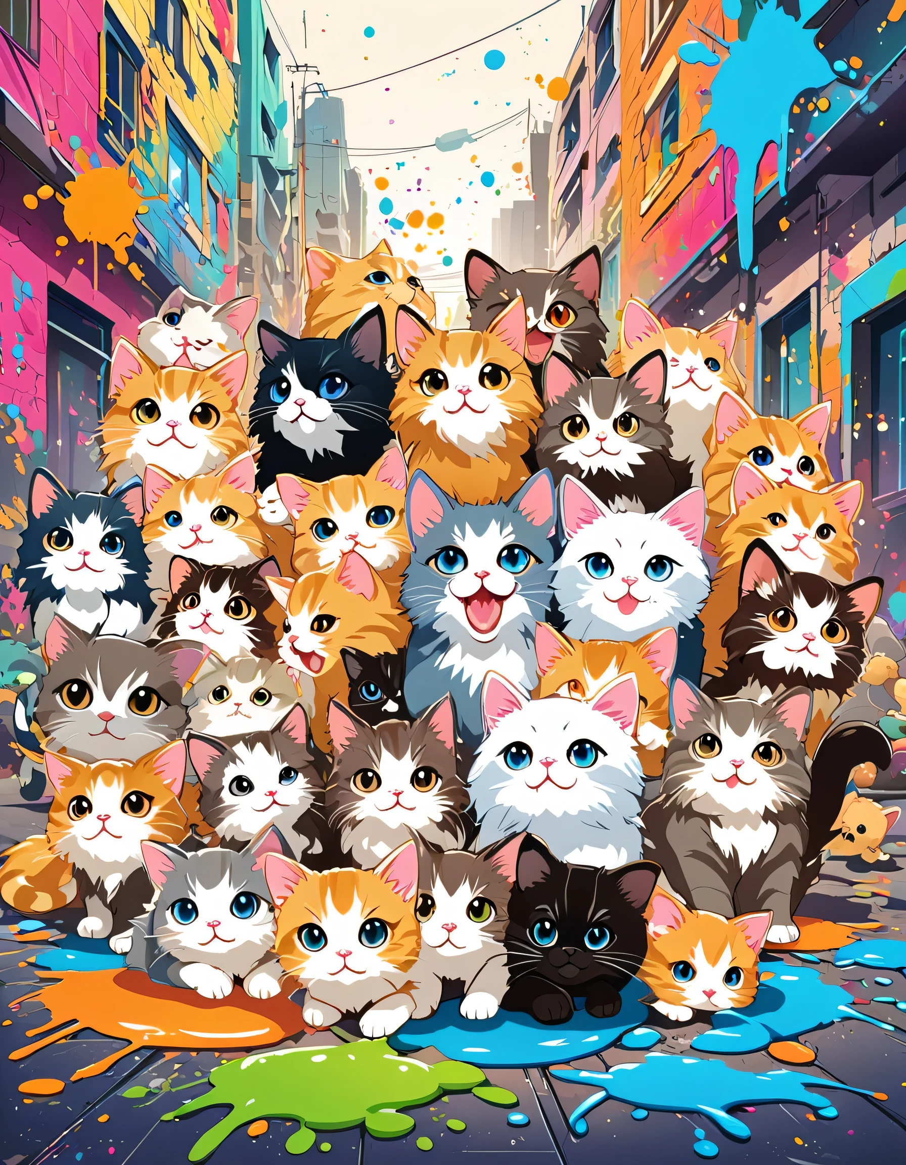 Komugiko 2000 Style, Vector Art, Colorful illustration with lots of cute Persian kittens and puppys, In the center, Vibrant colors, Paint splatters and stains, High Detail, urban background