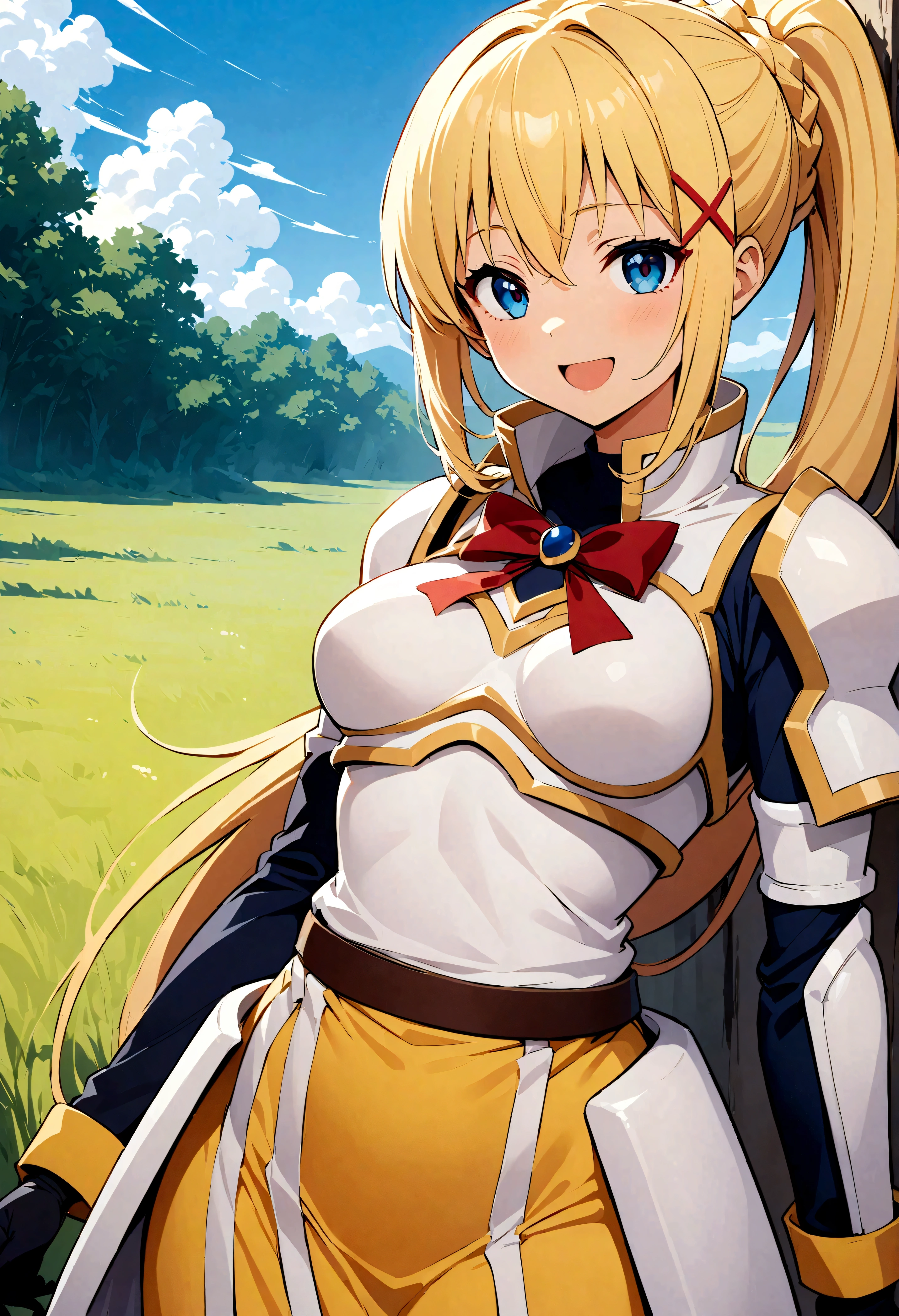 (highest quality:1.2, Anime artwork, Anime Style, Very detailed, up to date, Vibrant, digital coloring, High Contrast, masterpiece:1.2, highest quality, Best aesthetics), (((KonoSuba, KS Darkness, 1 female:1.2))), ((blonde, ponytail, x Hair accessories, White Armor, shoulder 鎧, Bodysuits, Black gloves, Yellow Dress)), Open your mouth, smile, Random Pause, Cowboy Shot, Grassland Background.